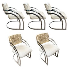 Milo Baughman Style Cantilever Dining Chairs in White and Chrome - Set of 5