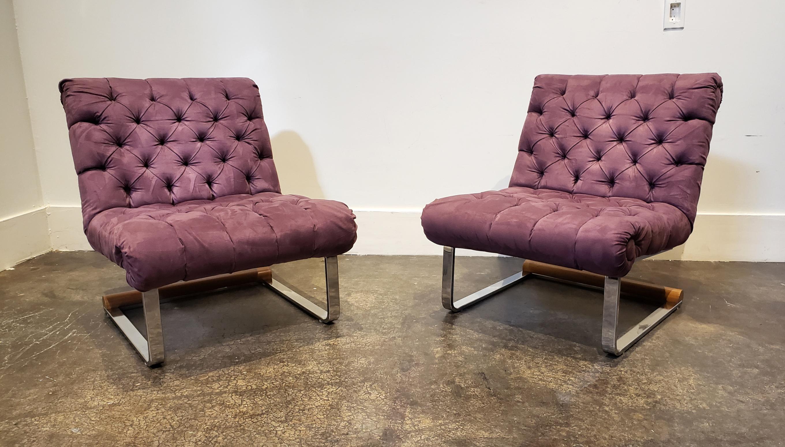Baughman style slipper chairs with purple tufted micro-sued upholstery and chrome cantilevered base with wood accent.