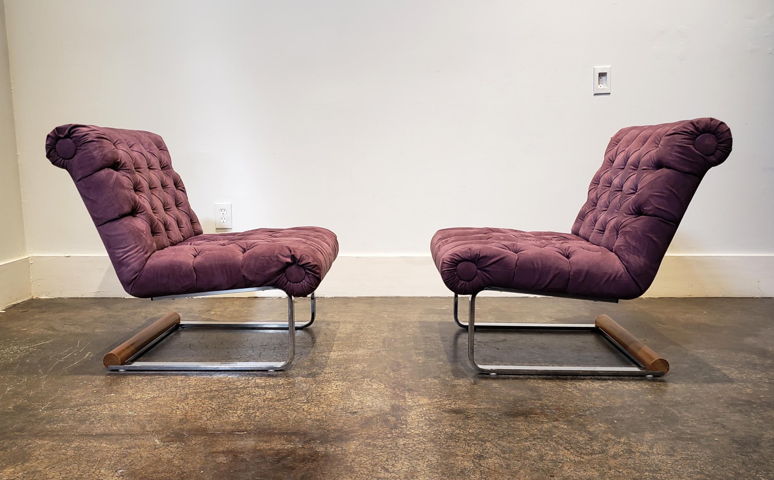 Milo Baughman Style Cantilever Lounge Slipper Chairs, Pair In Good Condition For Sale In Dallas, TX
