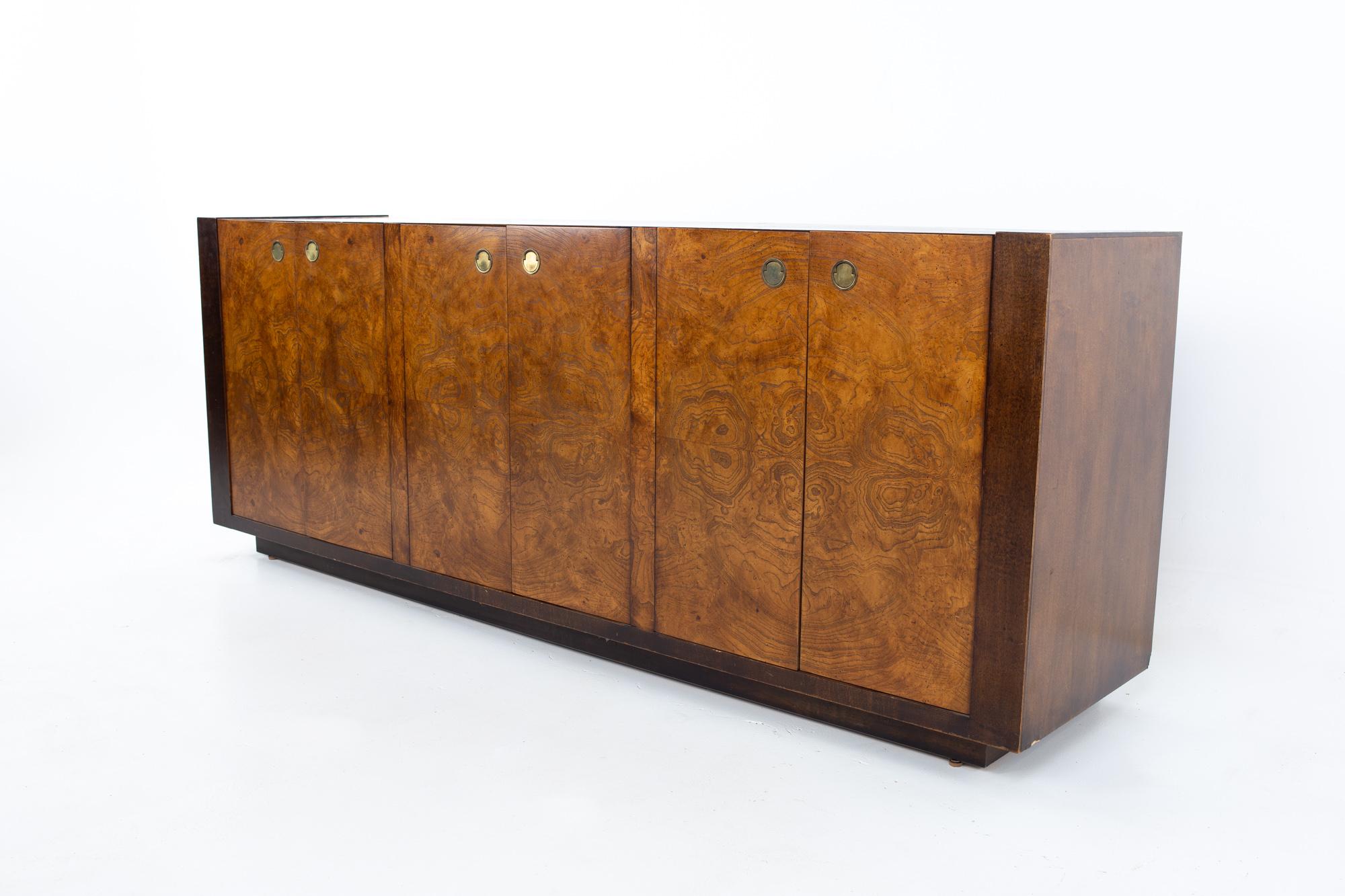 Milo Baughman style century furniture mid century burlwood sideboard buffet credenza.
Credenza measures: 76 wide x 18 deep x 29 inches high

All pieces of furniture can be had in what we call restored vintage condition. That means the piece is