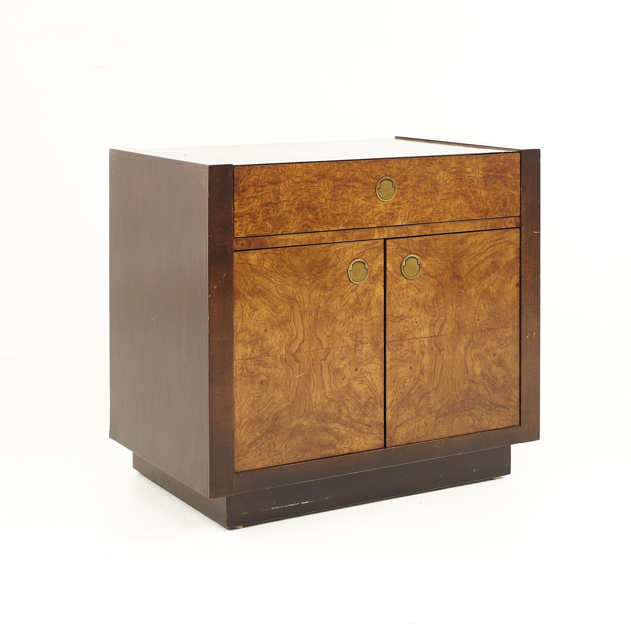 American Milo Baughman Style Century Furniture Mid Century Burlwood Nightstand, a Pair