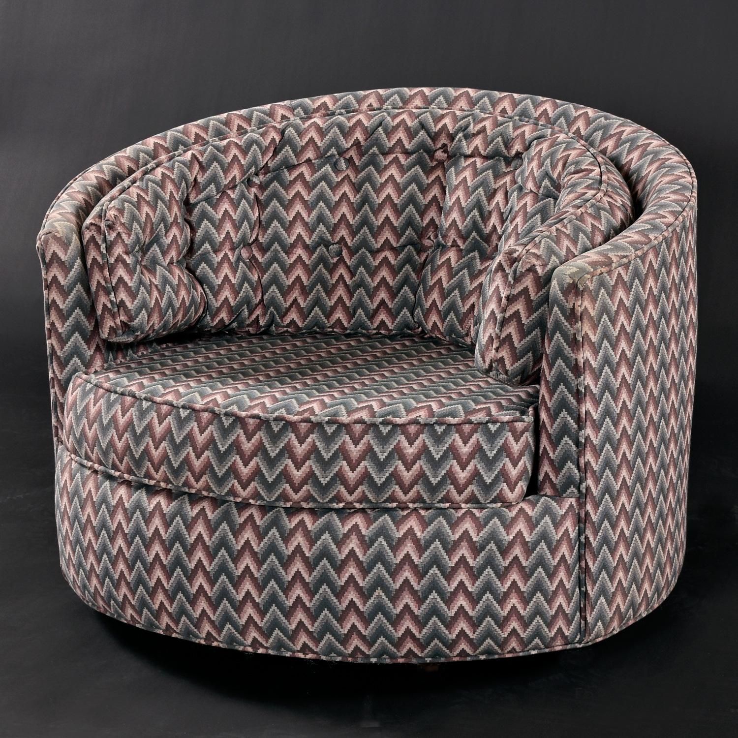 Milo Baughman Style Chevron Fabric Tufted Swivel Barrel Tub Chairs For Sale 3