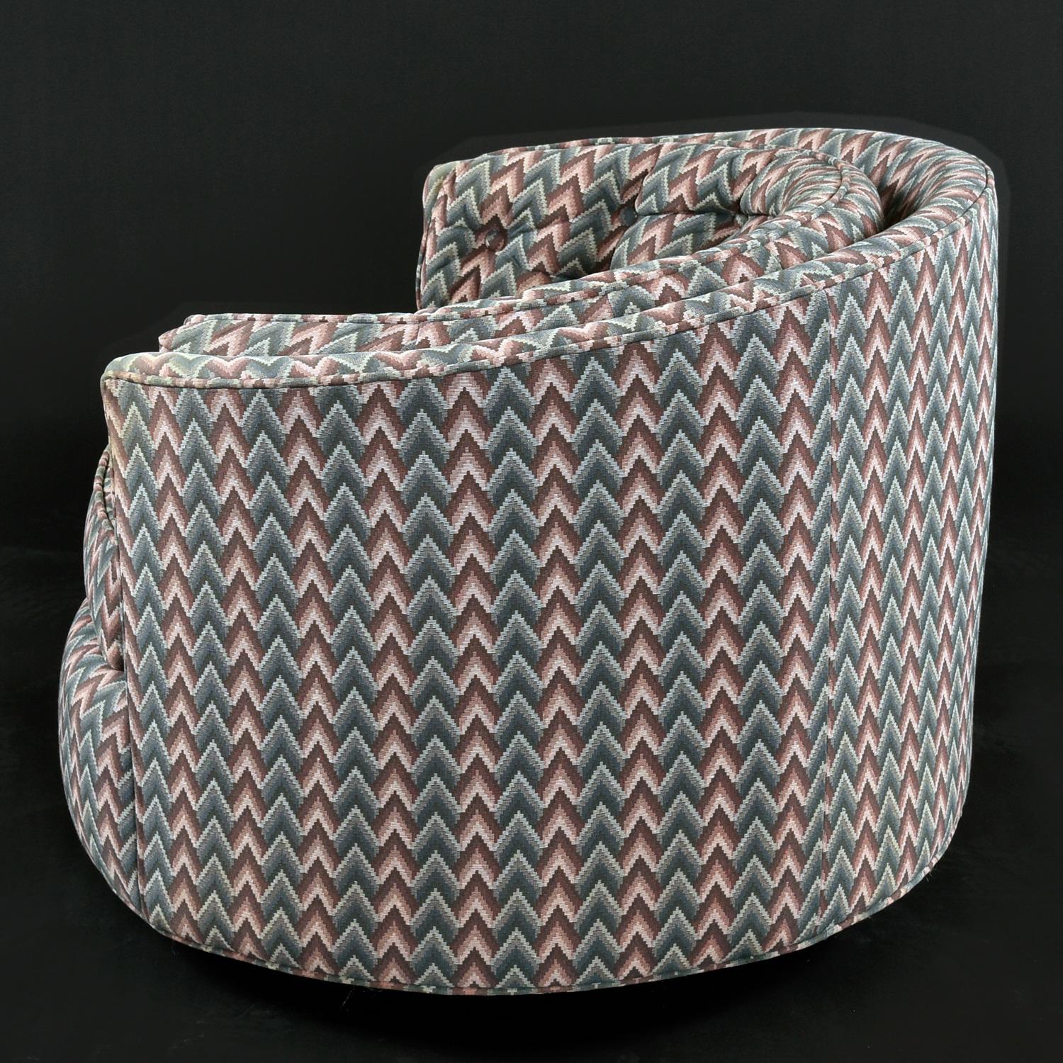 Milo Baughman Style Chevron Fabric Tufted Swivel Barrel Tub Chairs For Sale 1