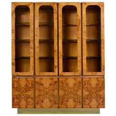 Milo Baughman Style China Hutch Cabinet Burl and Brass Hollywood Regency by Lane