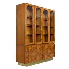 Milo Baughman Style China Hutch Cabinet Burl and Brass Hollywood Regency by Lane