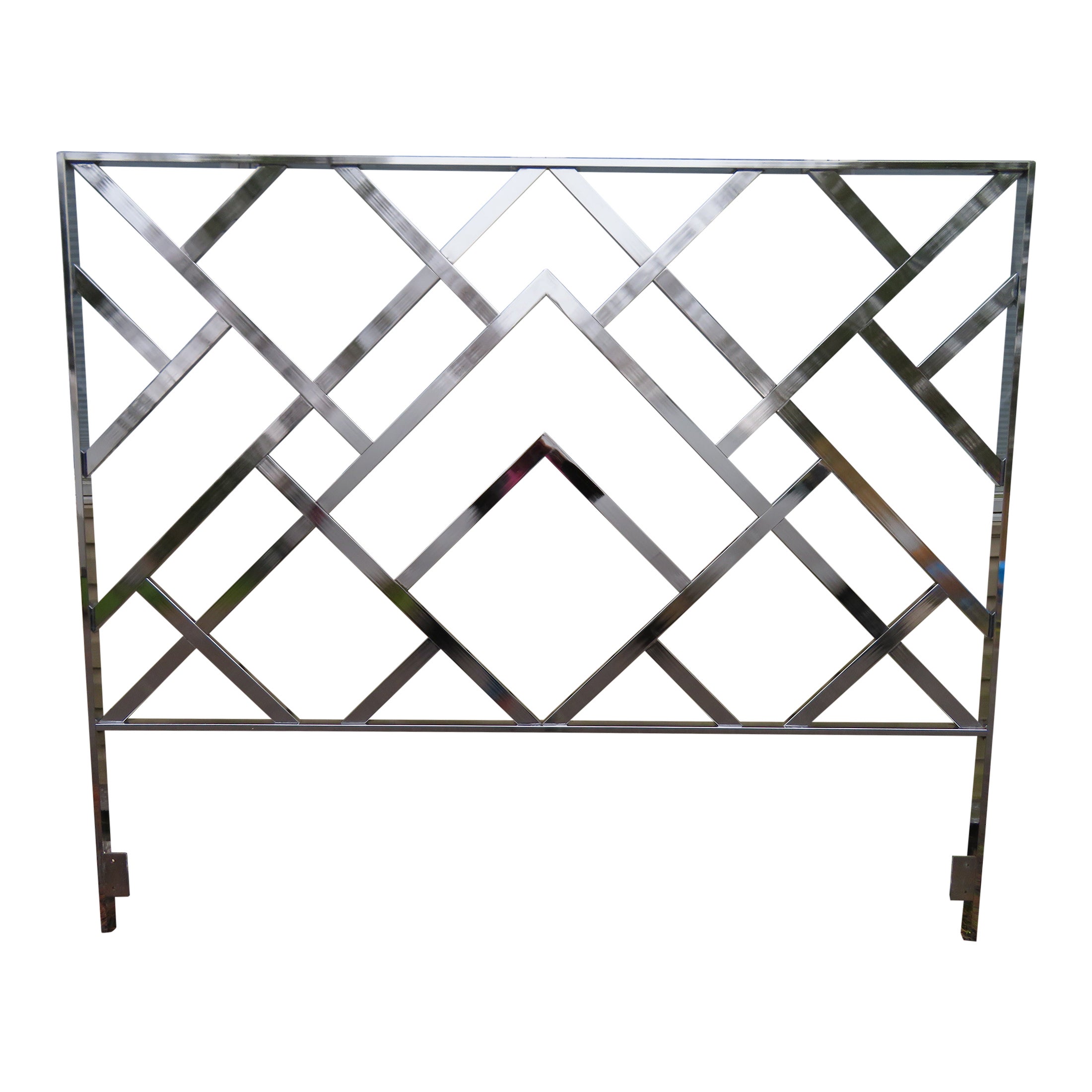 Milo Baughman Style Chinoiserie Chrome King-Size Headboard Mid-Century Modern