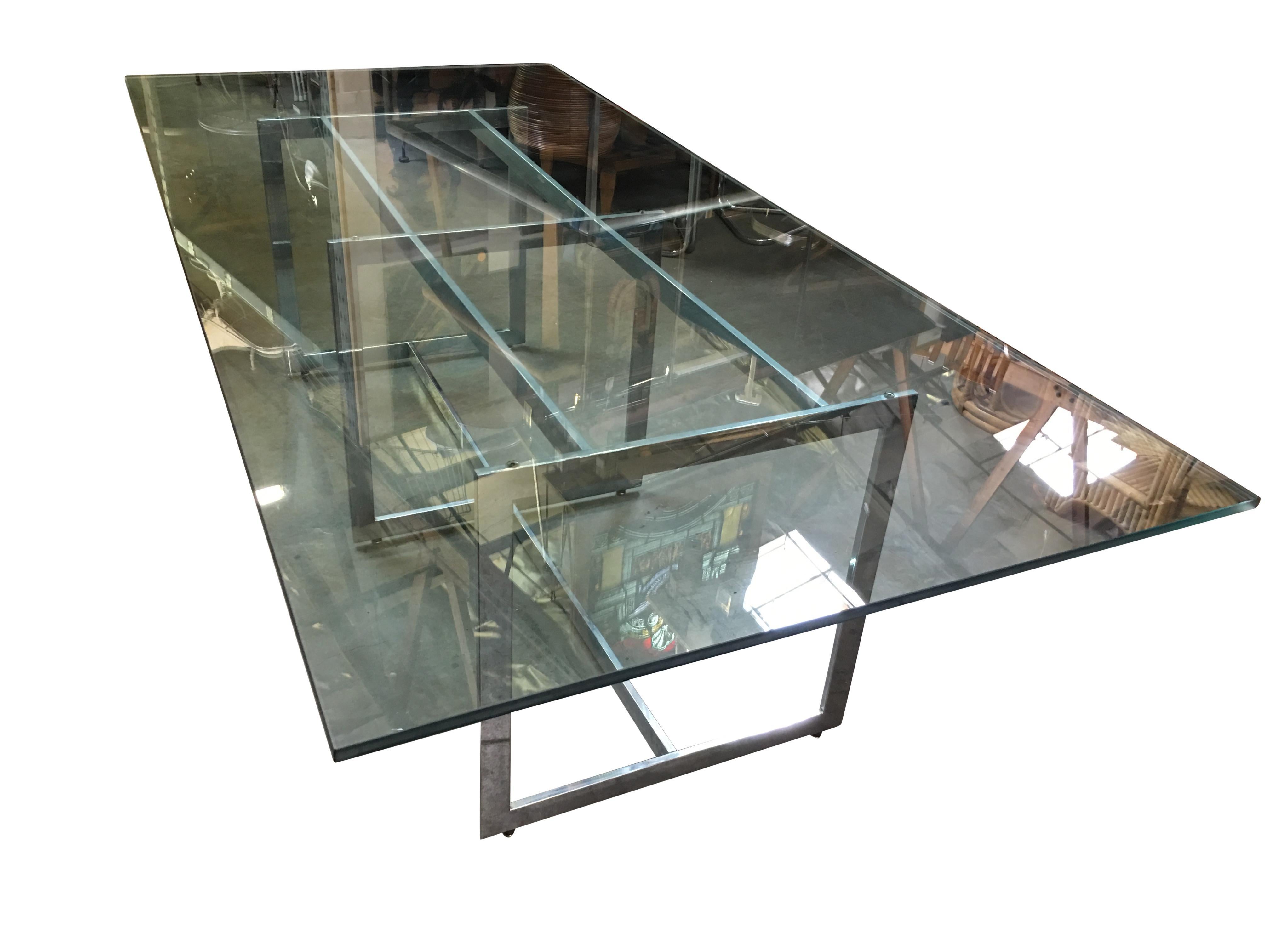 Modern Milo Baughman Style Chrome and Glass 8 Person Dining Table