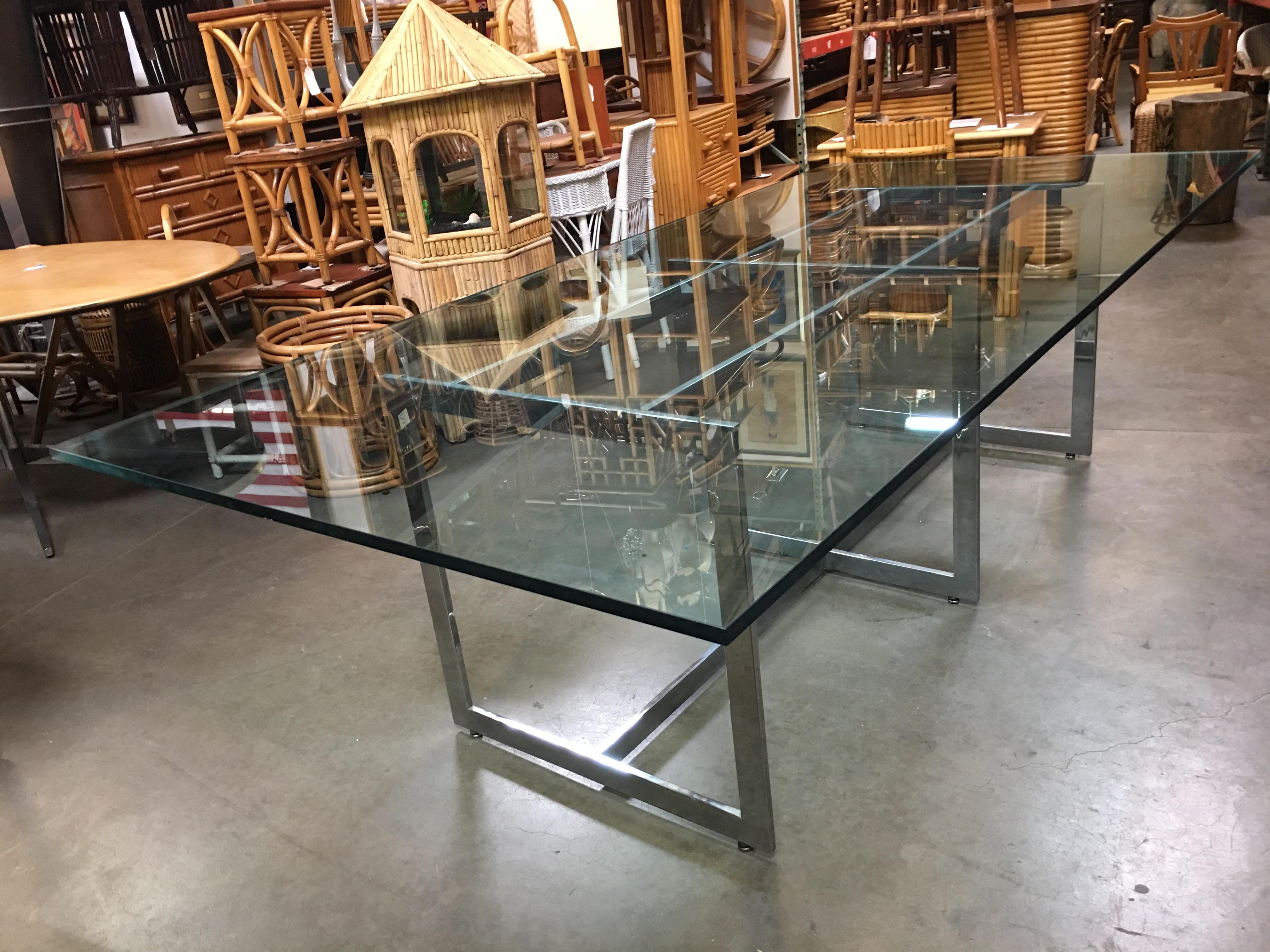 American Milo Baughman Style Chrome and Glass 8 Person Dining Table