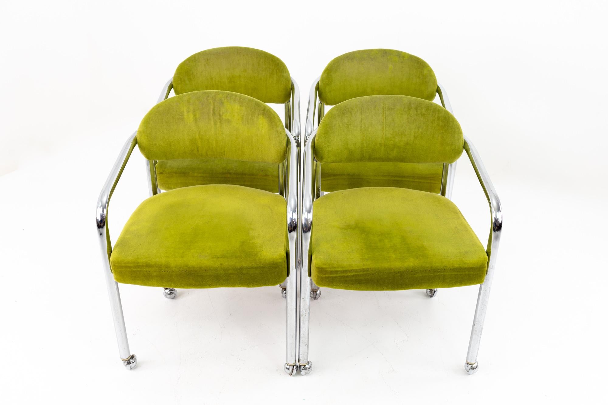 Milo Baughman style chromcraft Mid Century green chrome dining chairs - Set of 4
These chairs are 22 wide and 22 deep by 32 high with an 18 inch seat height

Each piece of furniture is available in what we call restored vintage condition. Upon