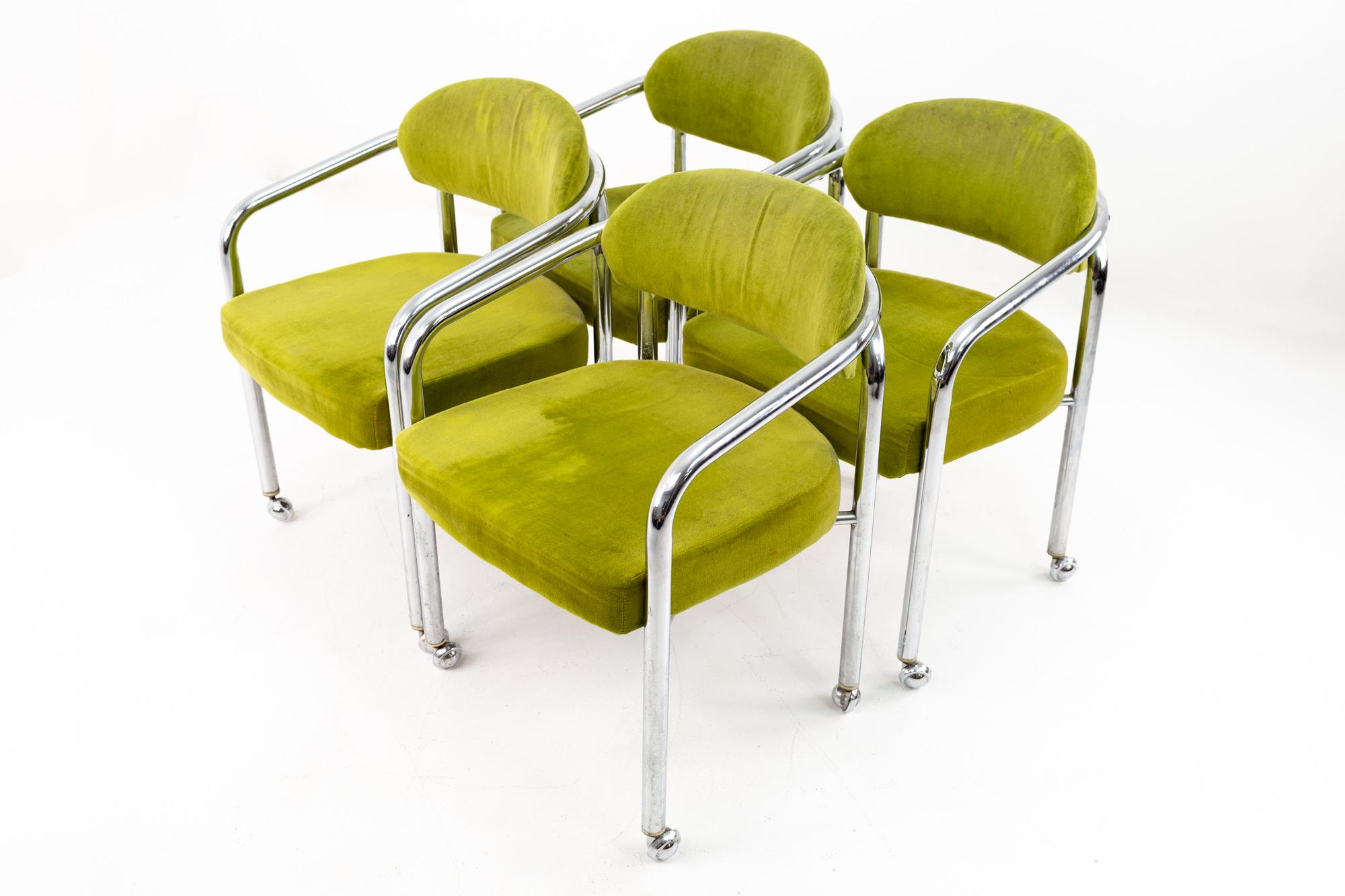Mid-Century Modern Milo Baughman Style Chromcraft Mid Century Green Chrome Dining Chairs, Set of 4