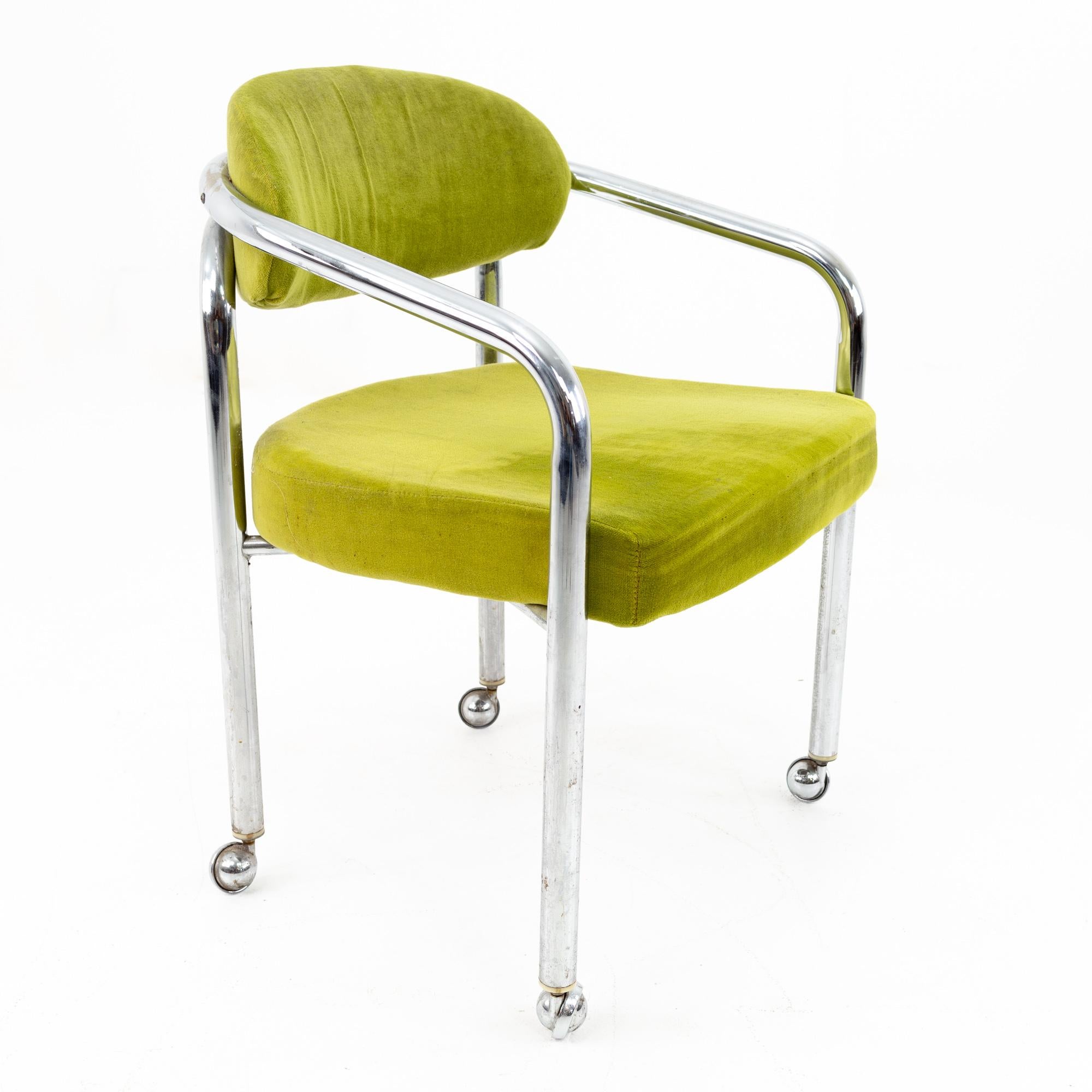 American Milo Baughman Style Chromcraft Mid Century Green Chrome Dining Chairs, Set of 4