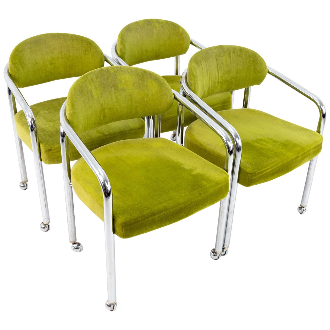 Milo Baughman Style Chromcraft Mid Century Green Chrome Dining Chairs, Set of 4