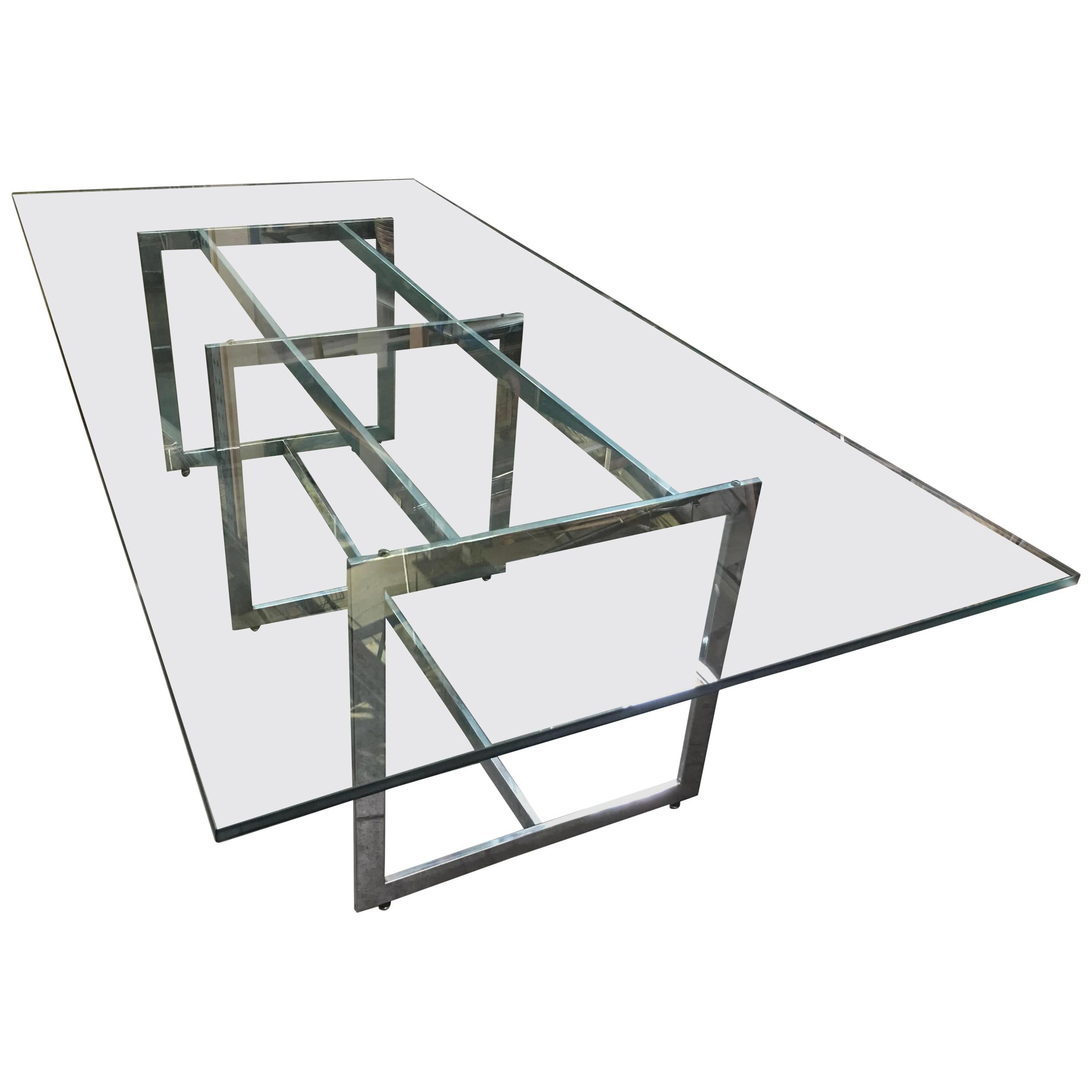 Milo Baughman Style Chrome and Glass 8 Person Dining Table