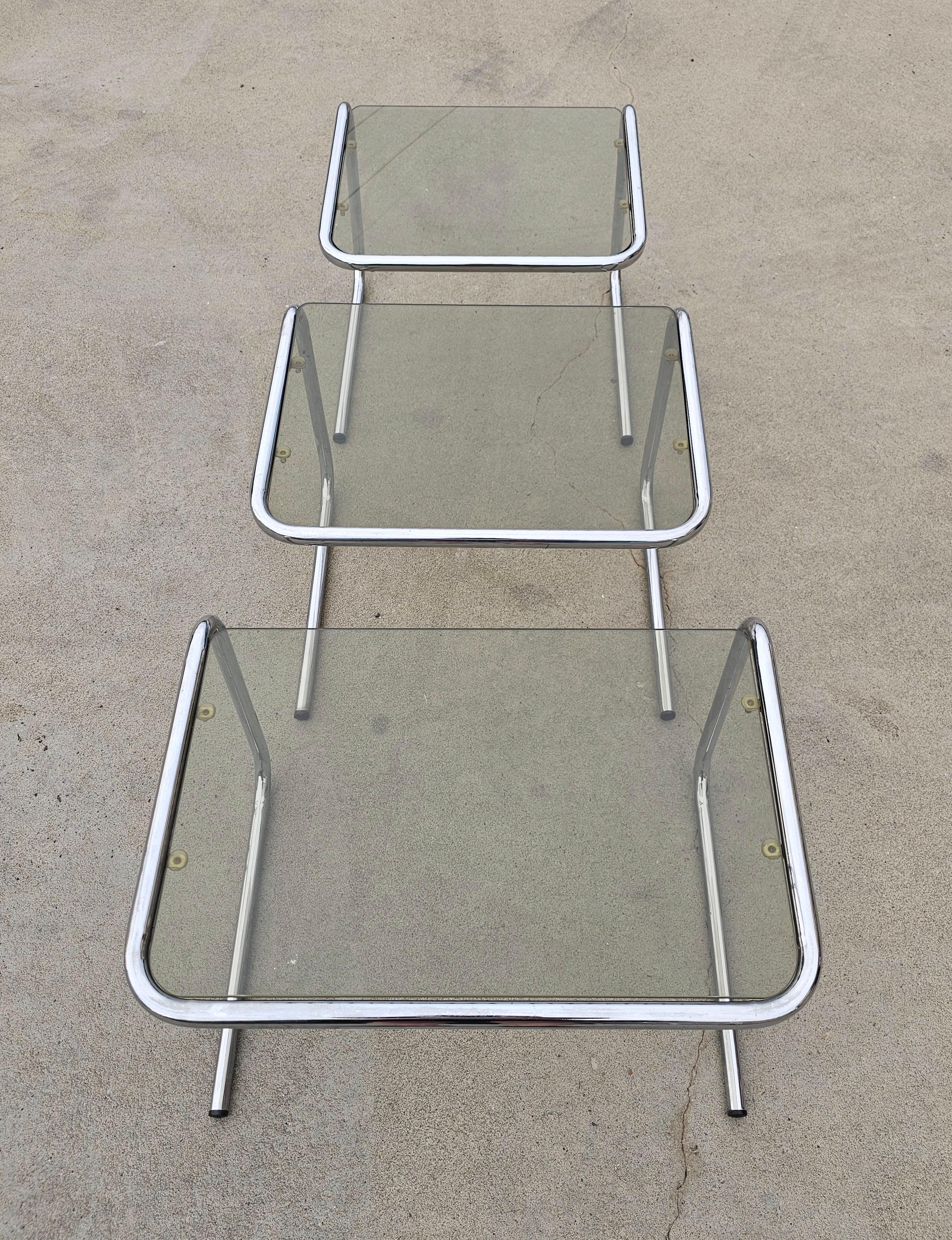 Mid-Century Modern Milo Baughman style Chrome and Smoked Glass Nesting Tables, Italy 1970s For Sale