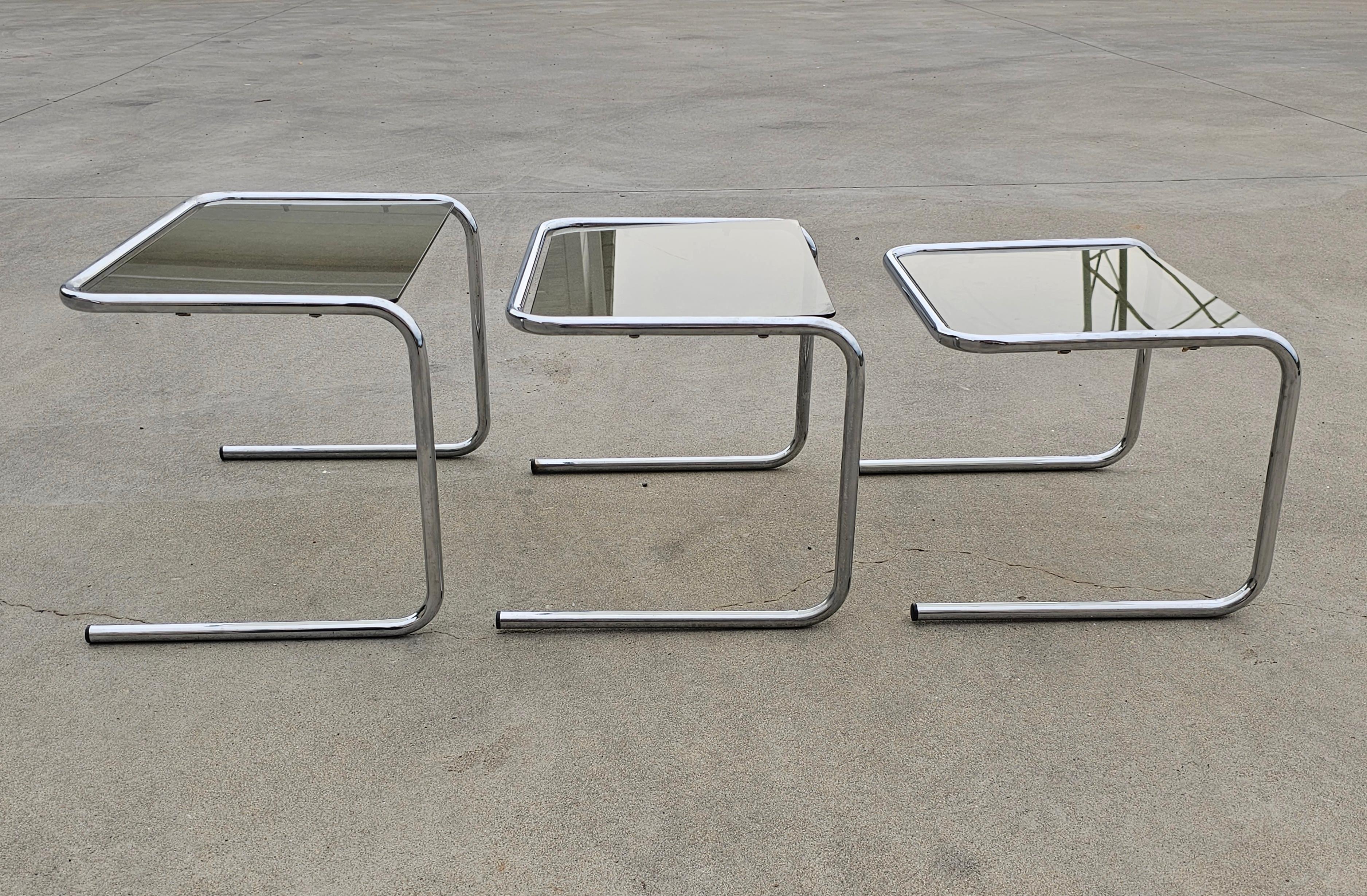 Italian Milo Baughman style Chrome and Smoked Glass Nesting Tables, Italy 1970s For Sale