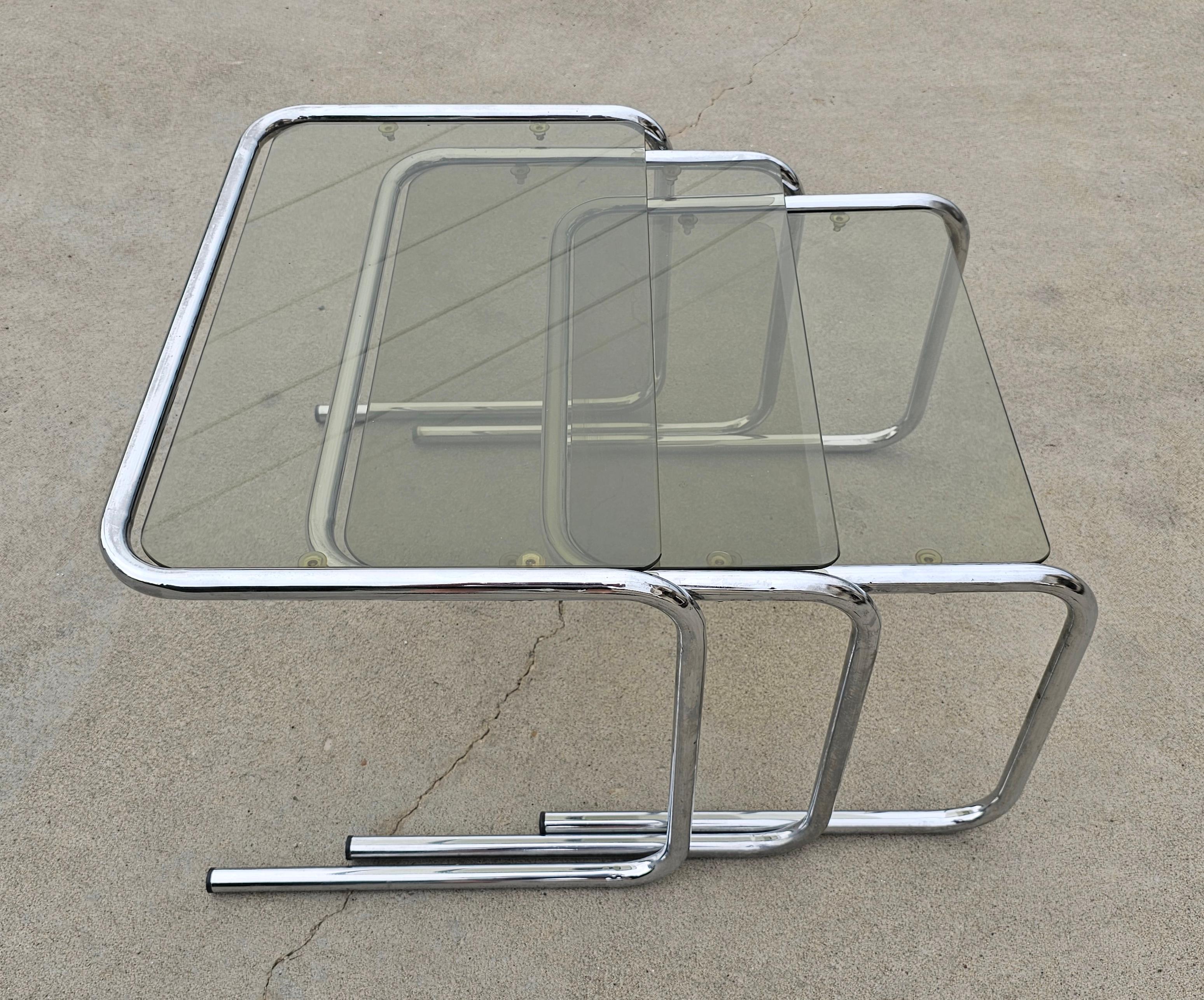 Late 20th Century Milo Baughman style Chrome and Smoked Glass Nesting Tables, Italy 1970s For Sale