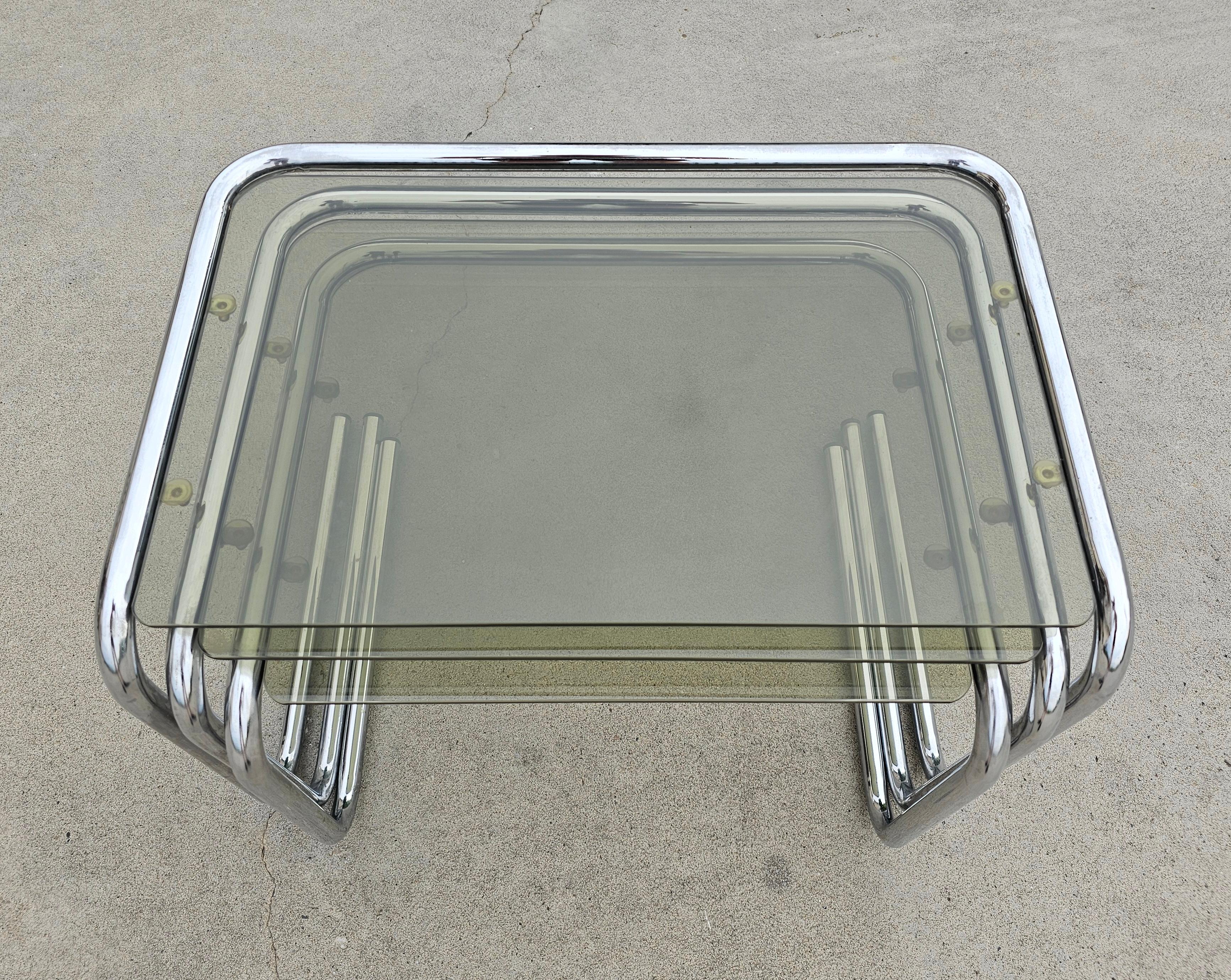 Milo Baughman style Chrome and Smoked Glass Nesting Tables, Italy 1970s For Sale 1