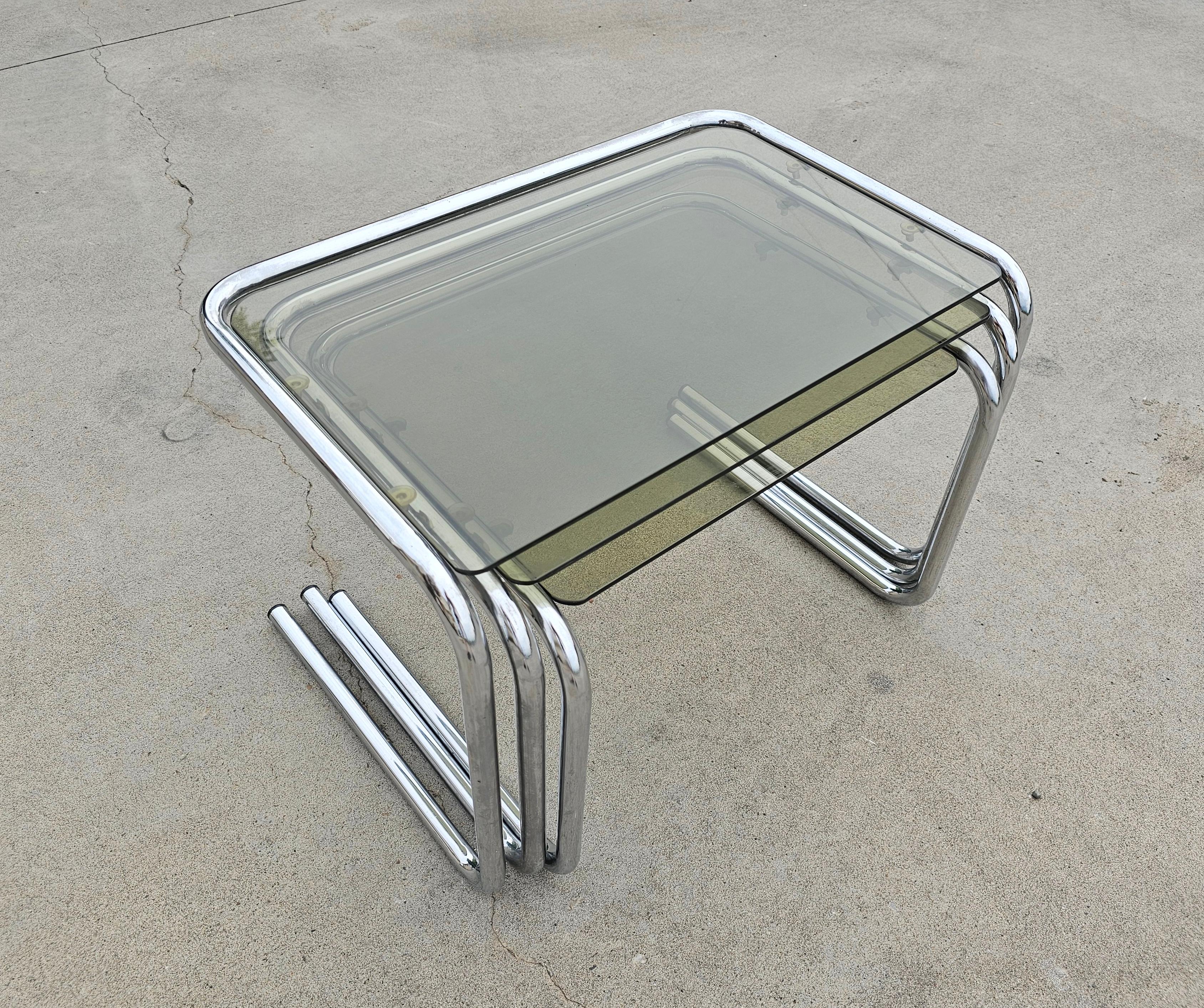 Milo Baughman style Chrome and Smoked Glass Nesting Tables, Italy 1970s For Sale 2