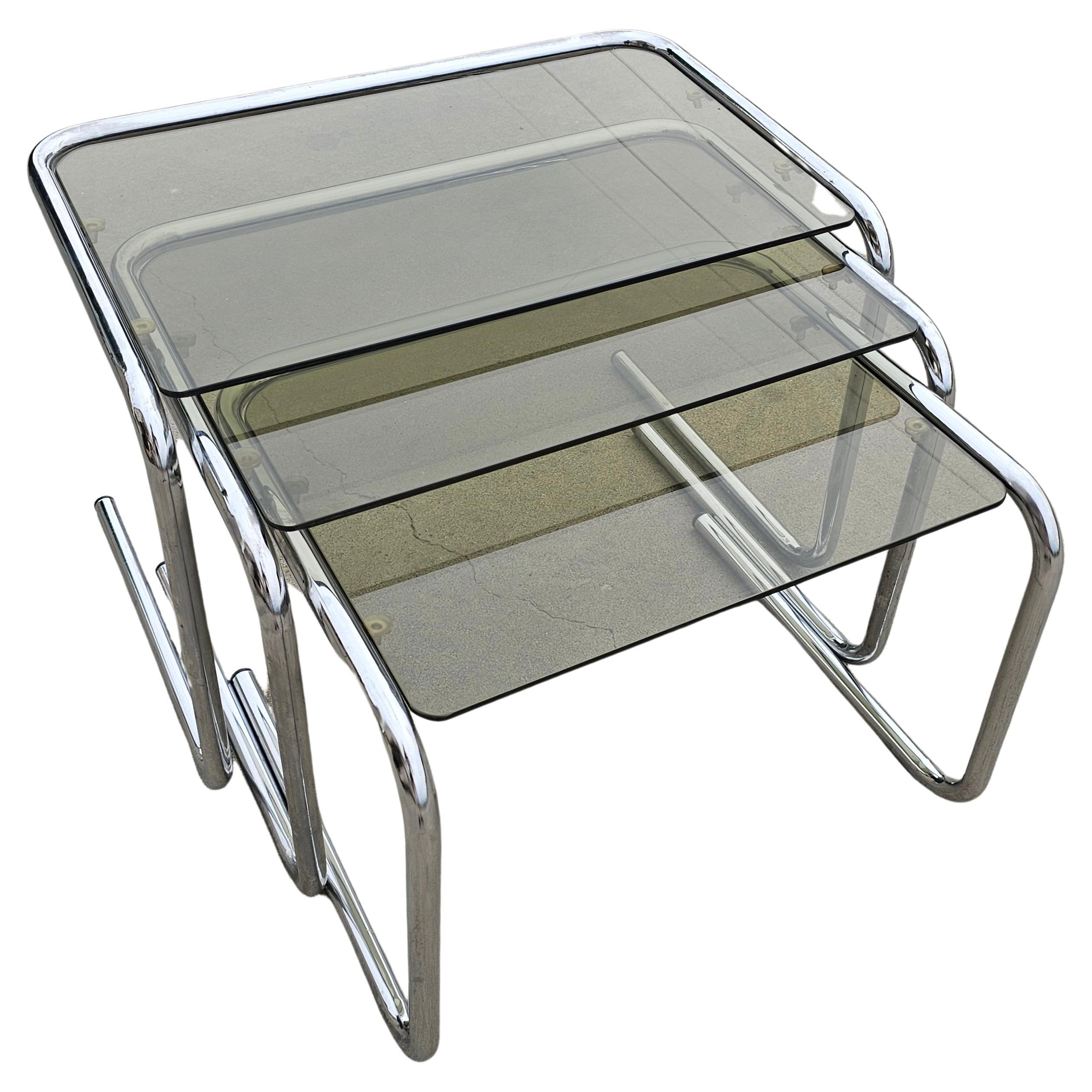 Milo Baughman style Chrome and Smoked Glass Nesting Tables, Italy 1970s