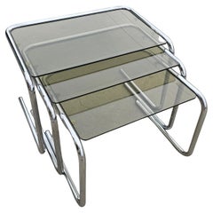 Vintage Milo Baughman style Chrome and Smoked Glass Nesting Tables, Italy 1970s