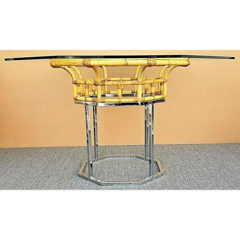 For full item description be sure to click on CONTINUE READING at the bottom of this listing.

Offering one of our recent Palm Beach estate fine furniture acquisitions of a 1970's Milo Baughman style Mid-Century Modern chrome, bamboo, rattan, and
