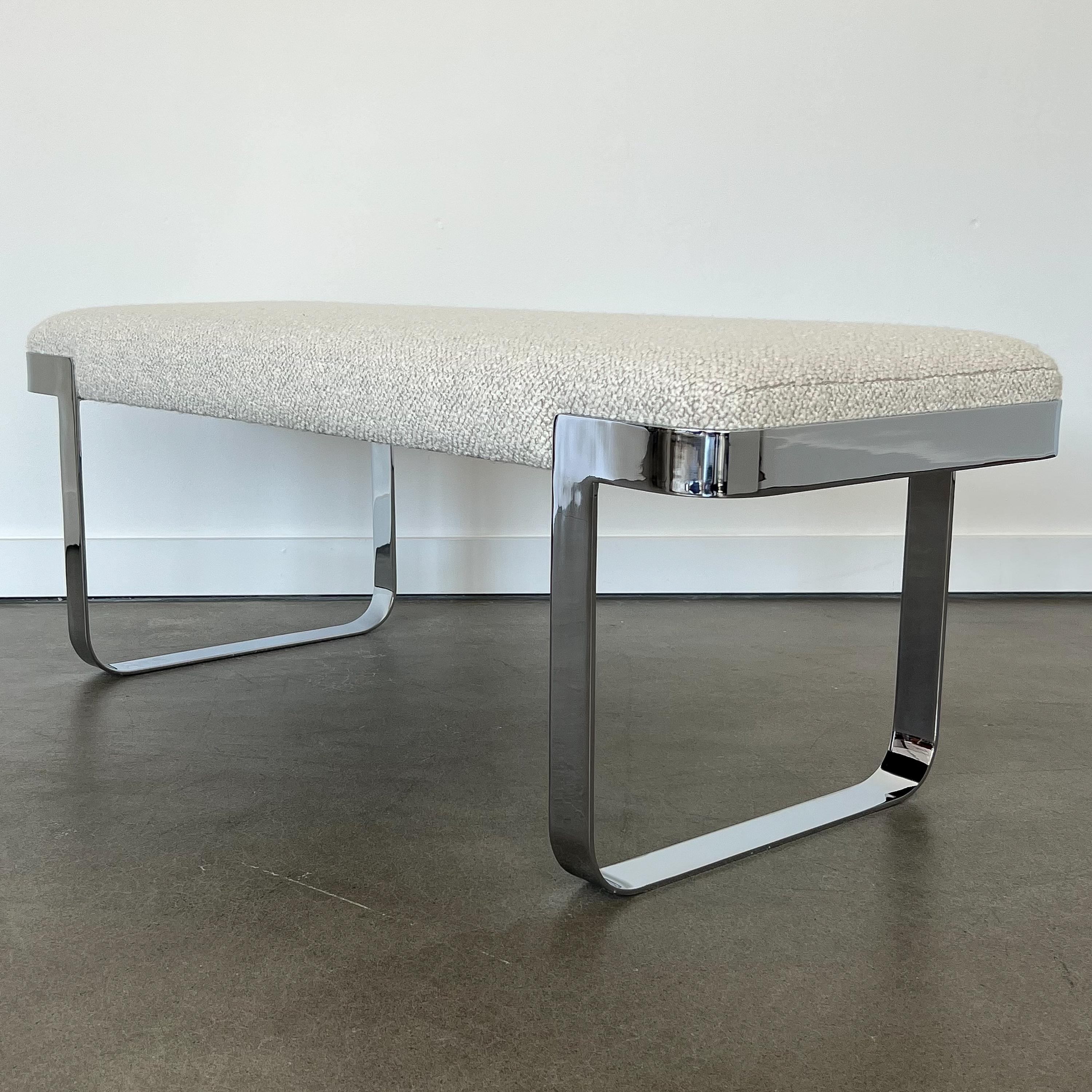 Plated Milo Baughman Style Chrome Bench by Tri-Mark in Pierre Frey Bouclé