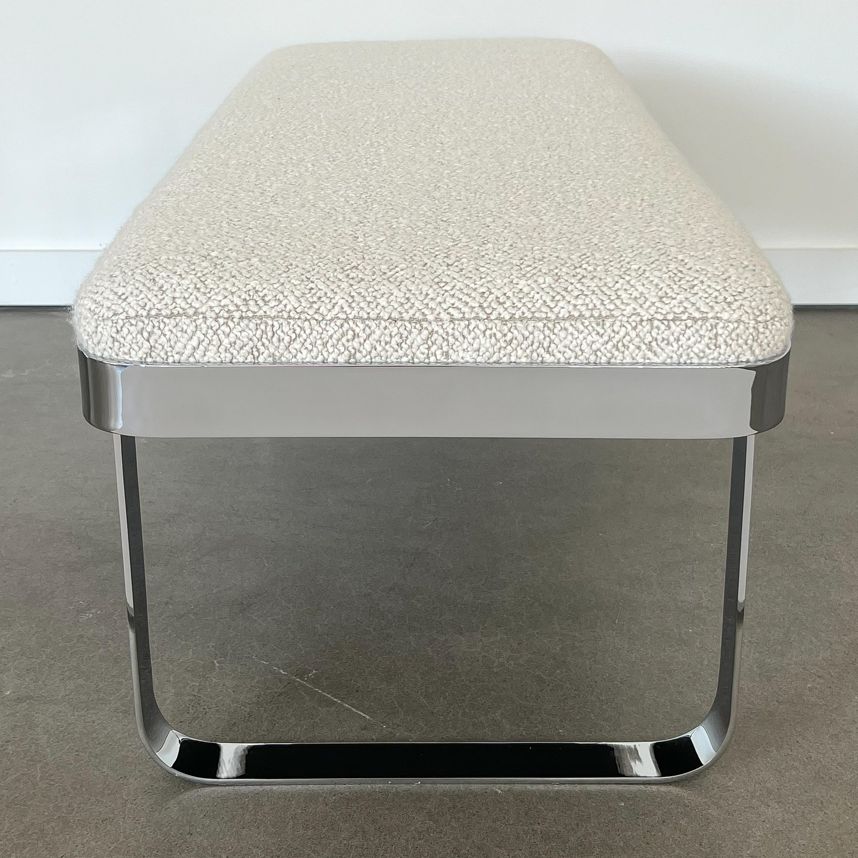 Late 20th Century Milo Baughman Style Chrome Bench by Tri-Mark in Pierre Frey Bouclé