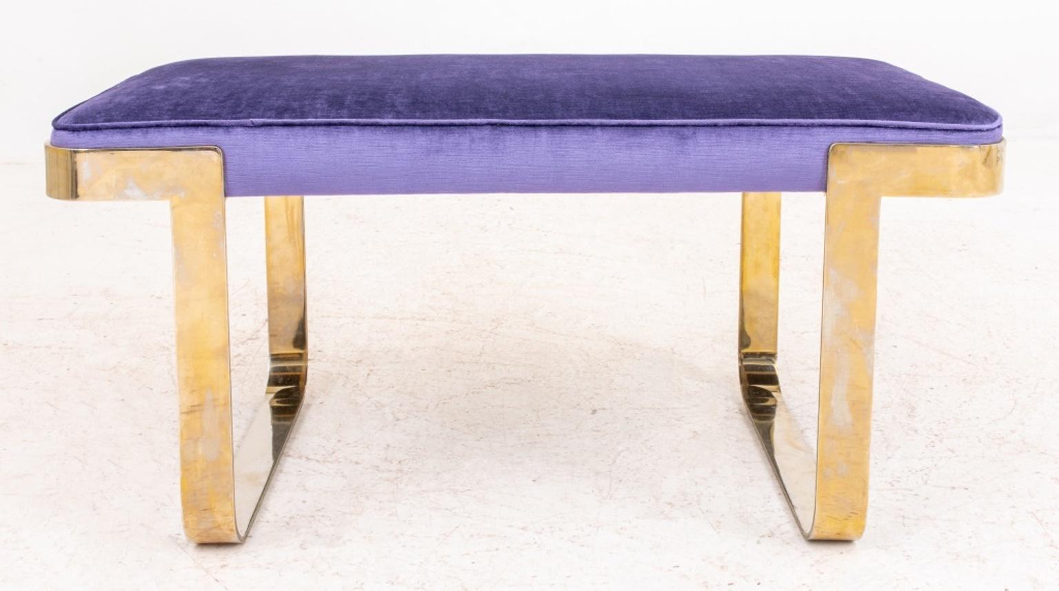 Milo Baughman (American, 1923-2003) style chrome bench rectangular with chrome frame and trestle supports, upholstered in violet velours. Measures: 17