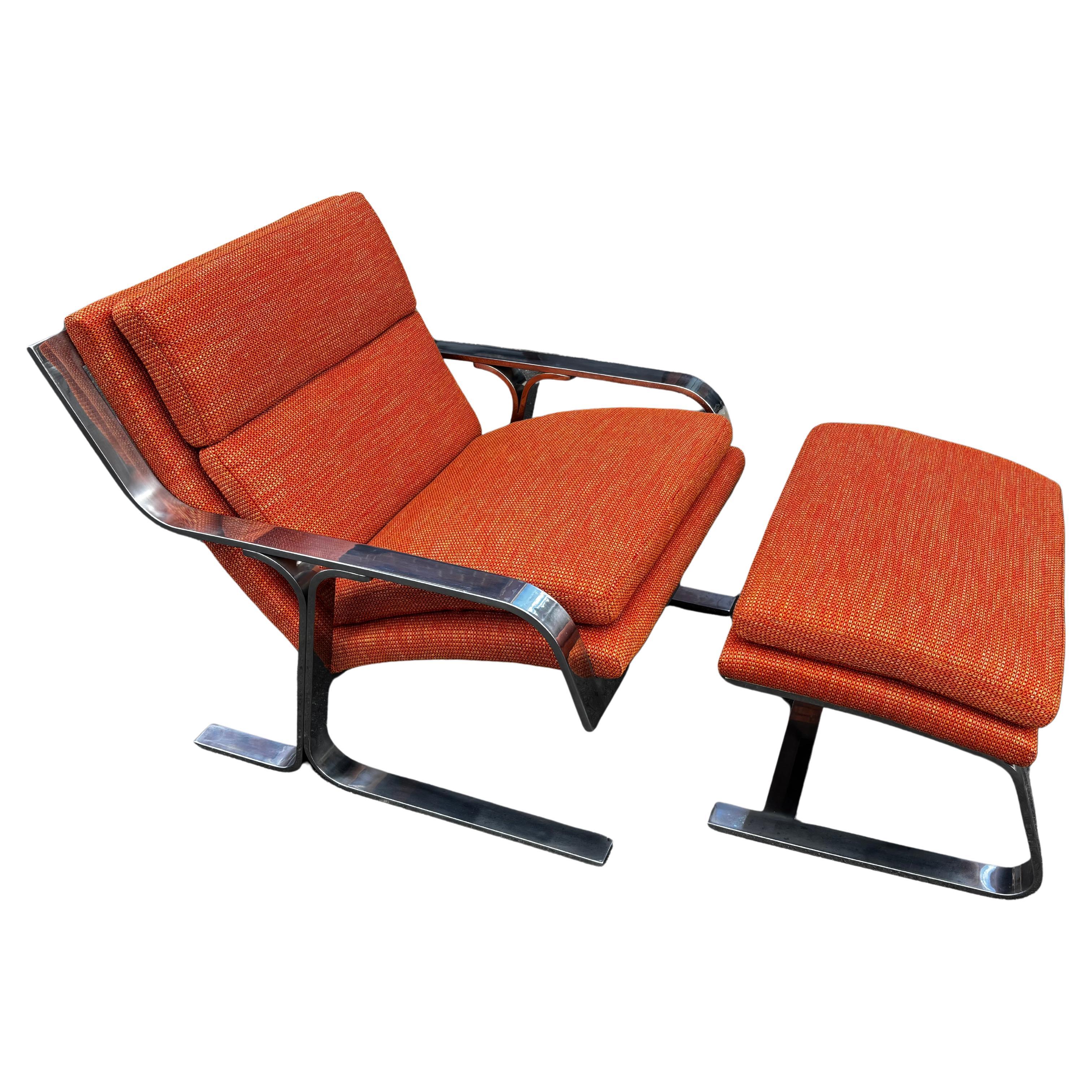 Milo Baughman style chrome flat band lounge, chair, and ottoman. Newly reupholstered and ready to go. It's really a sleek stylish design.  Seat is 18