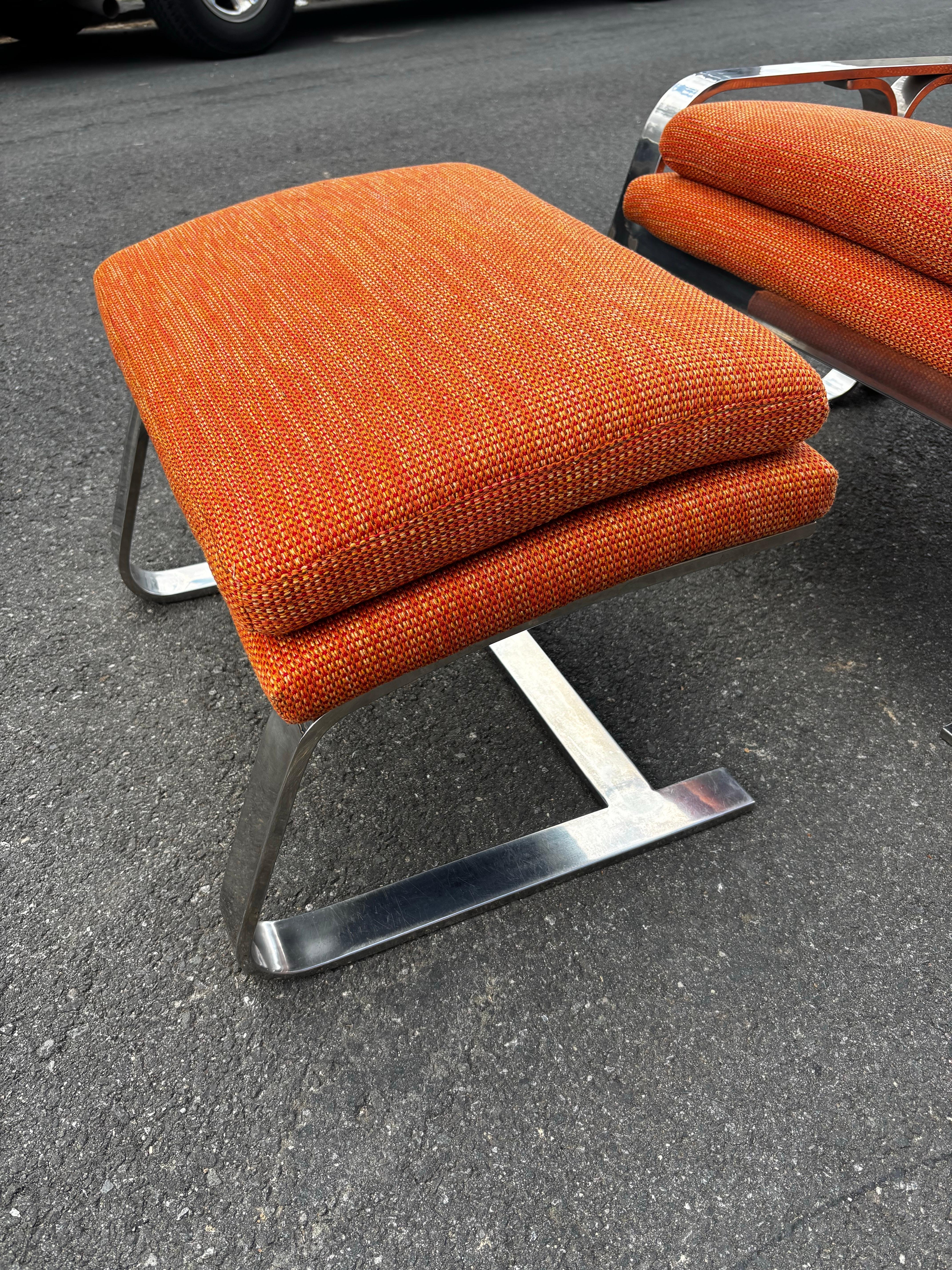 20th Century Milo Baughman Style Chrome Chair and Ottoman For Sale