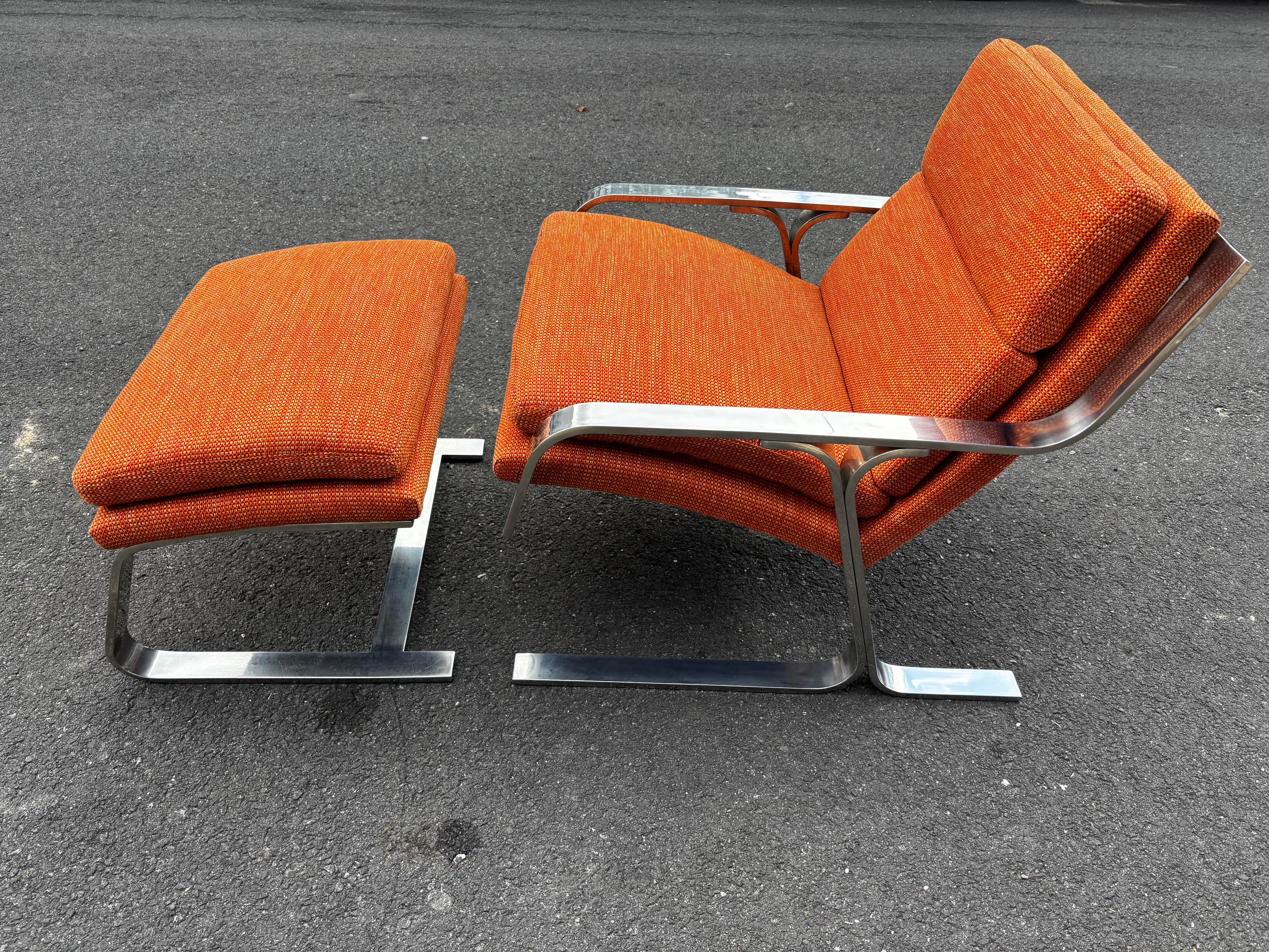 Upholstery Milo Baughman Style Chrome Chair and Ottoman For Sale