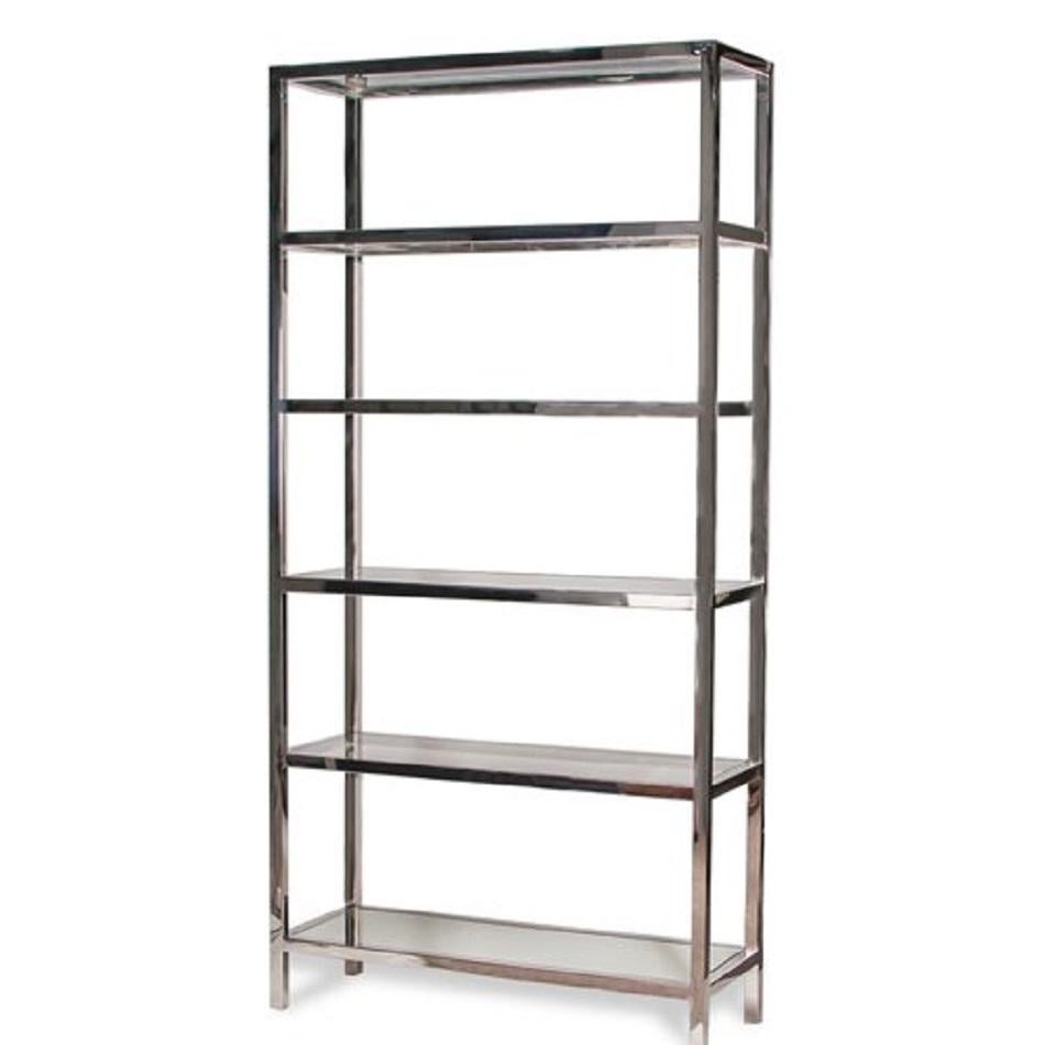 Etagere or bookcase in the style of Milo Baughman.

Features a polished chrome frame with glass shelves.

Circa 1970 / 1980.