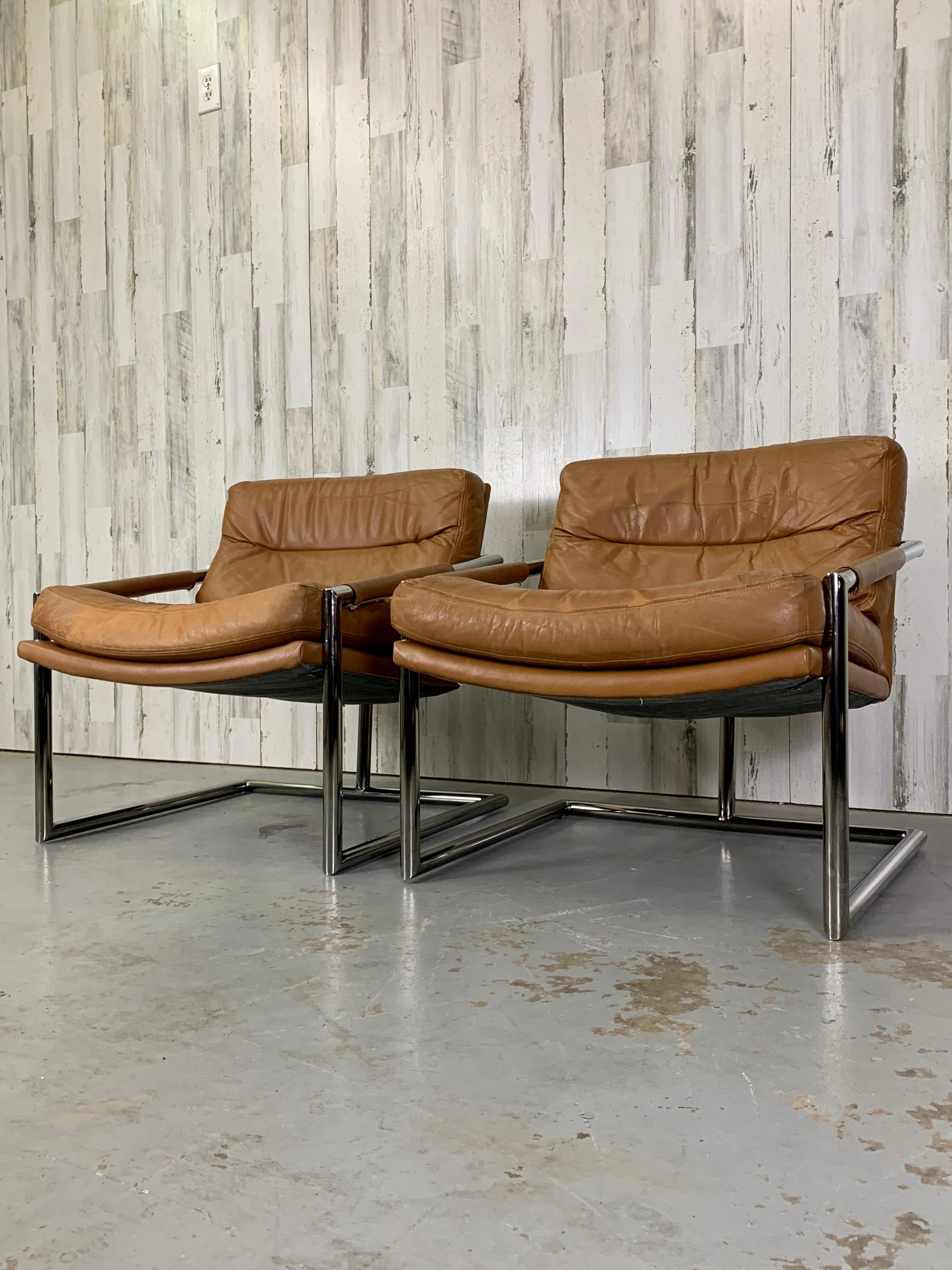 Milo Baughman Style Chrome & Leather Lounge Chairs 3