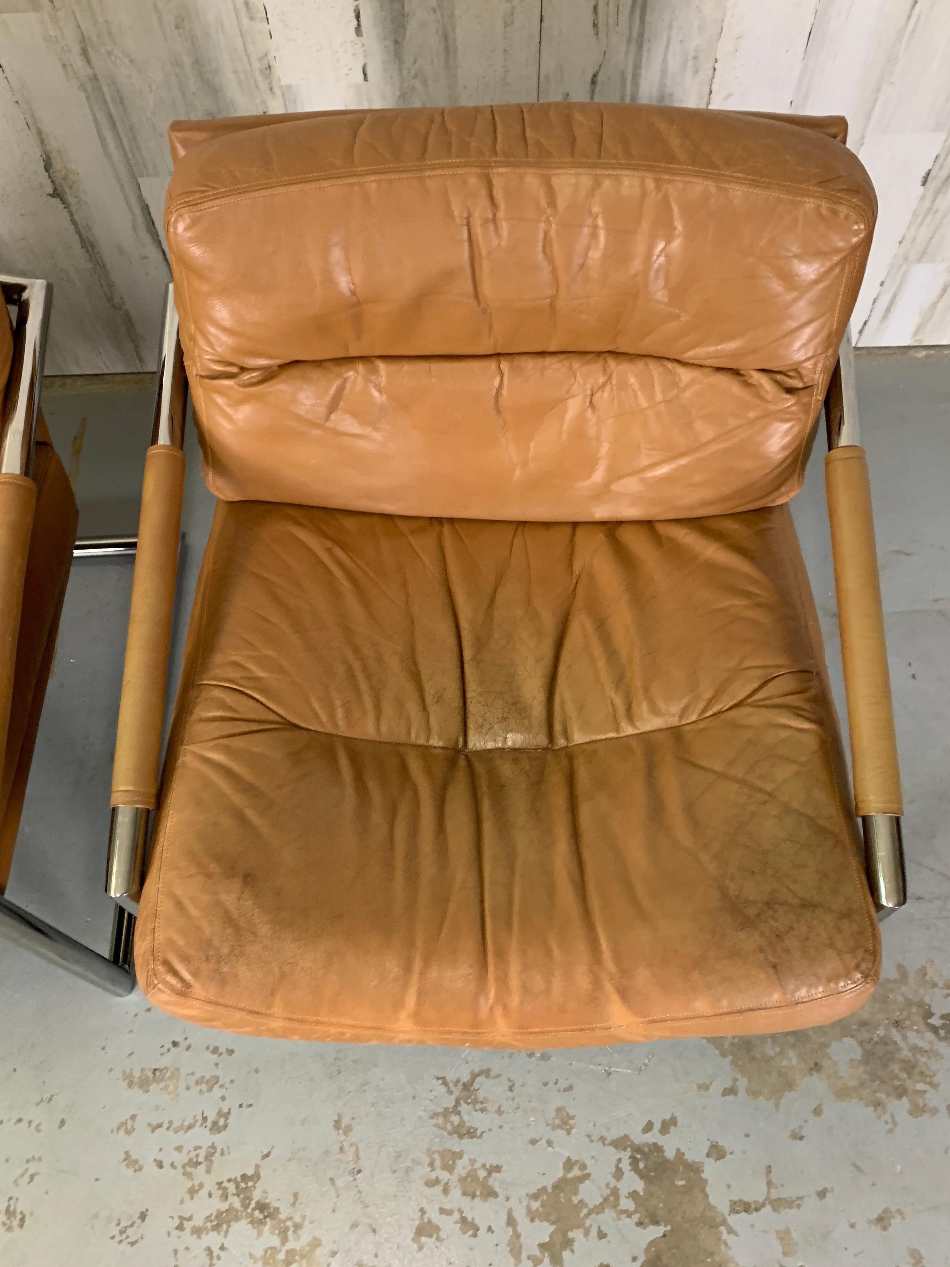 Milo Baughman Style Chrome & Leather Lounge Chairs 4