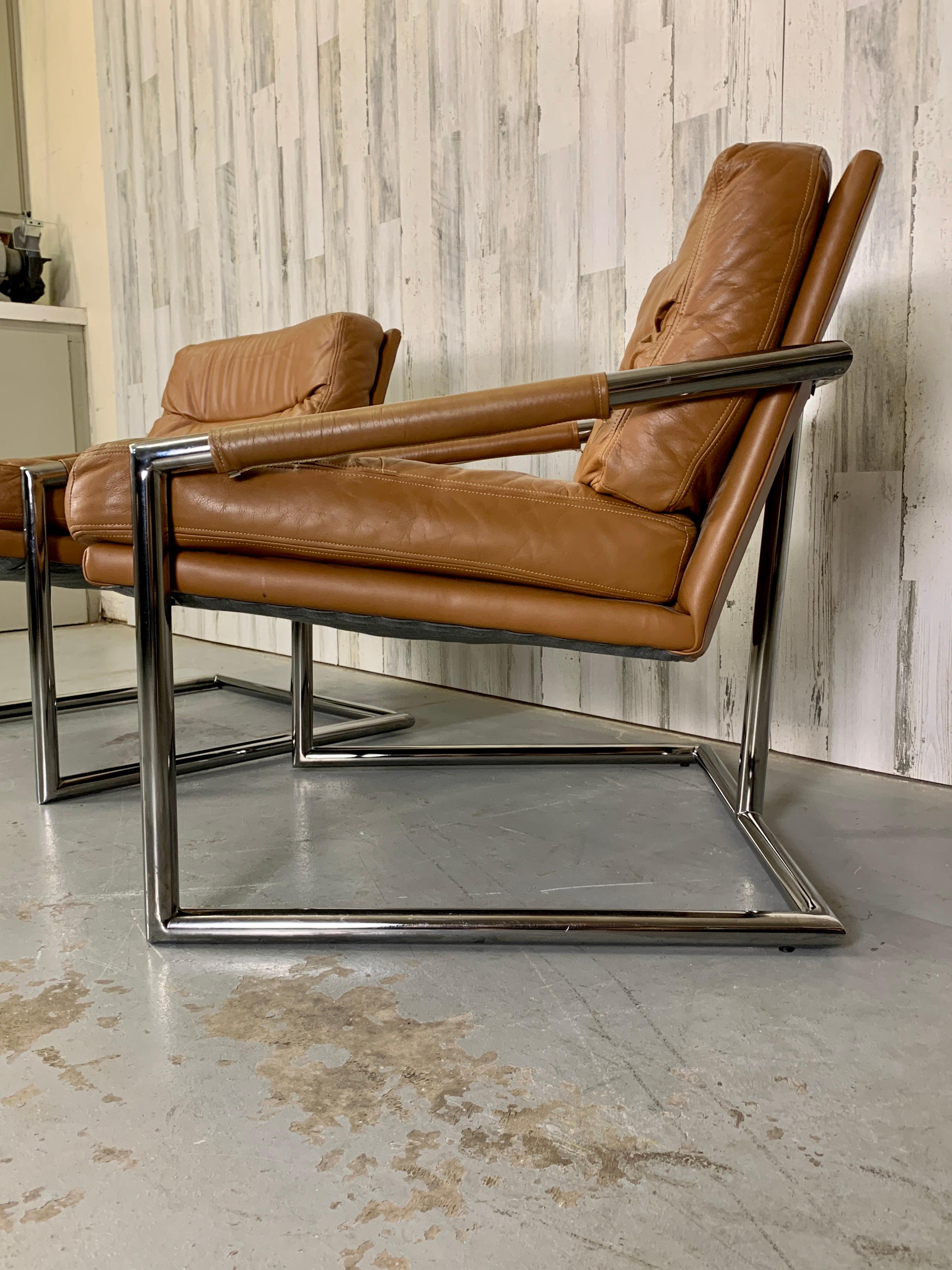 Milo Baughman Style Chrome & Leather Lounge Chairs 6