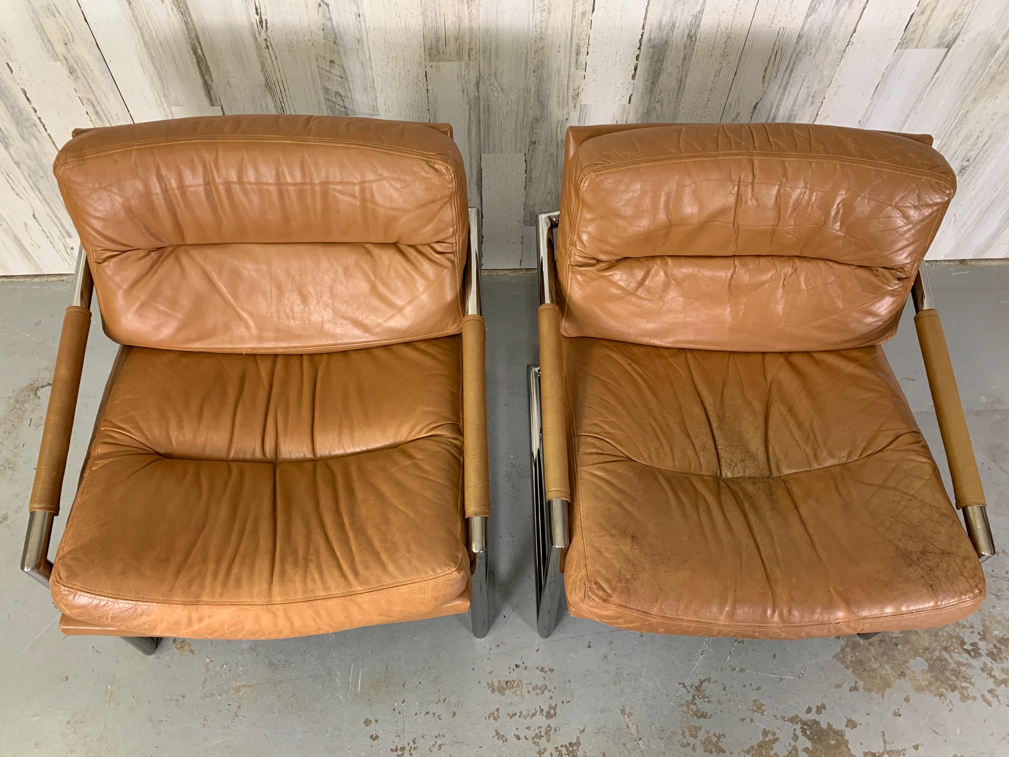 Milo Baughman Style Chrome & Leather Lounge Chairs 10