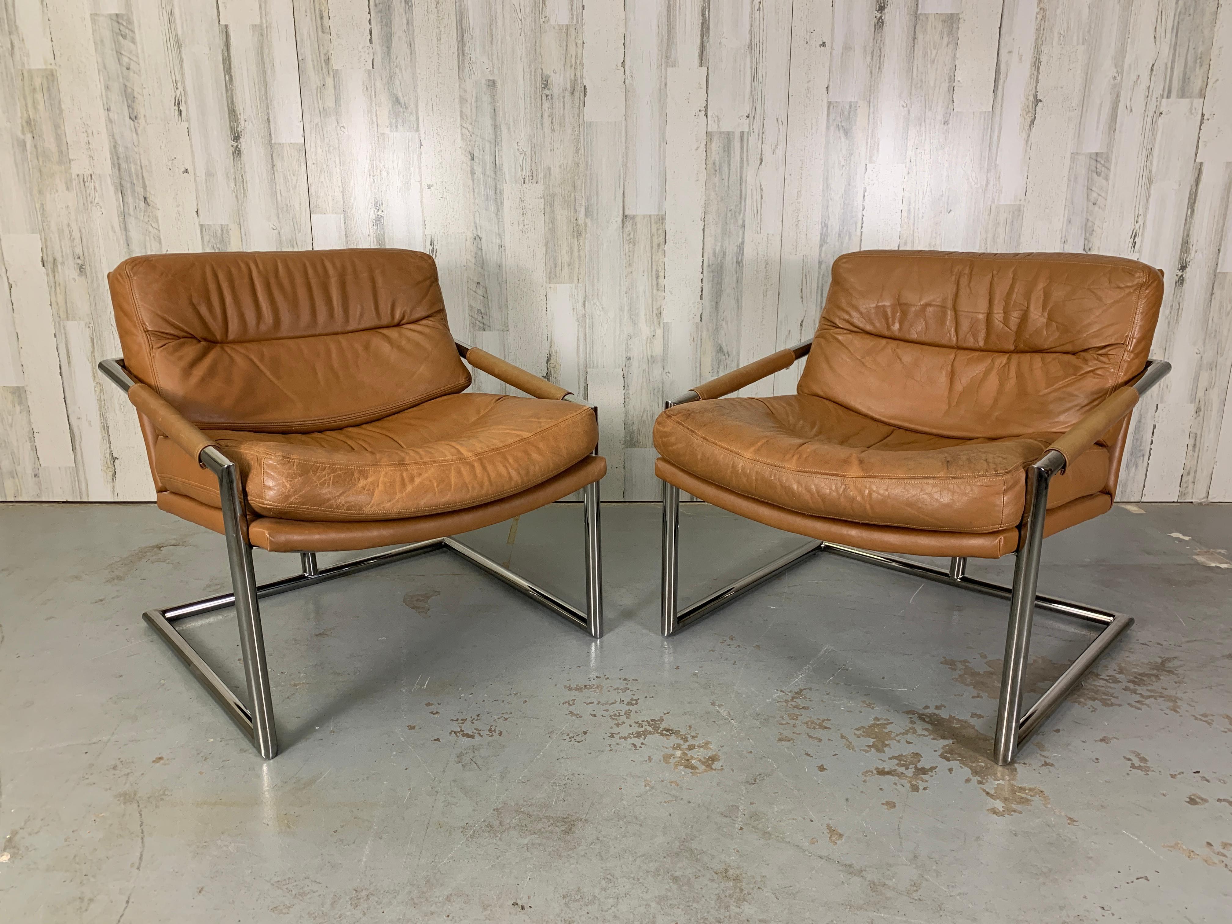 1970s Camel leather on a curved seat and back on top of a heavy chrome Tubular frame.