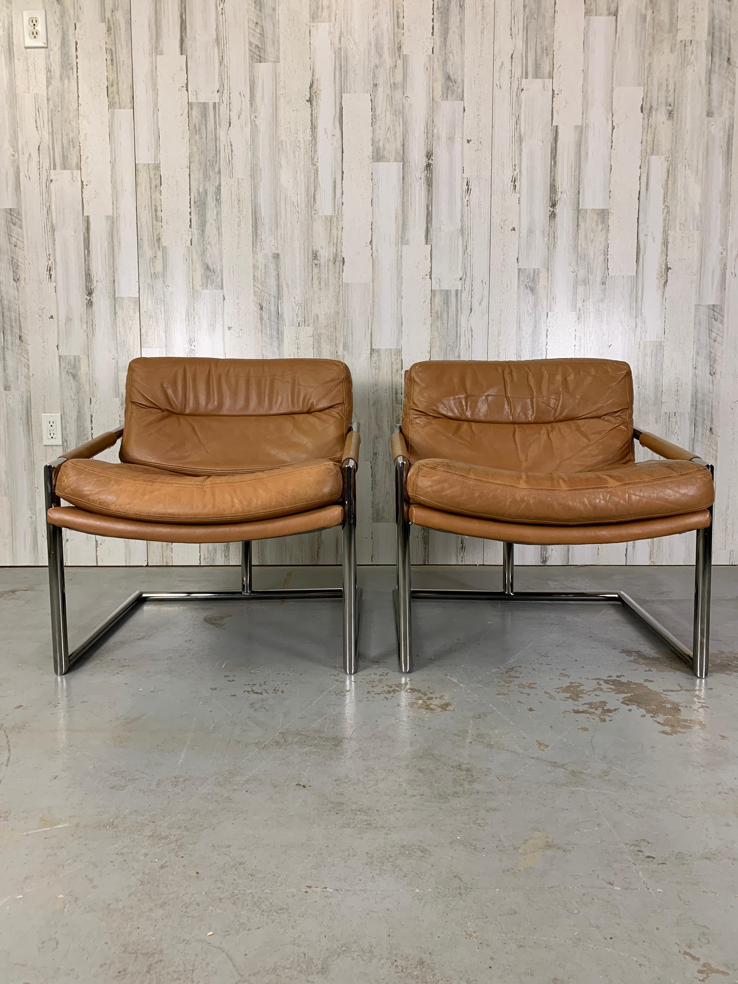 Mid-Century Modern Milo Baughman Style Chrome & Leather Lounge Chairs