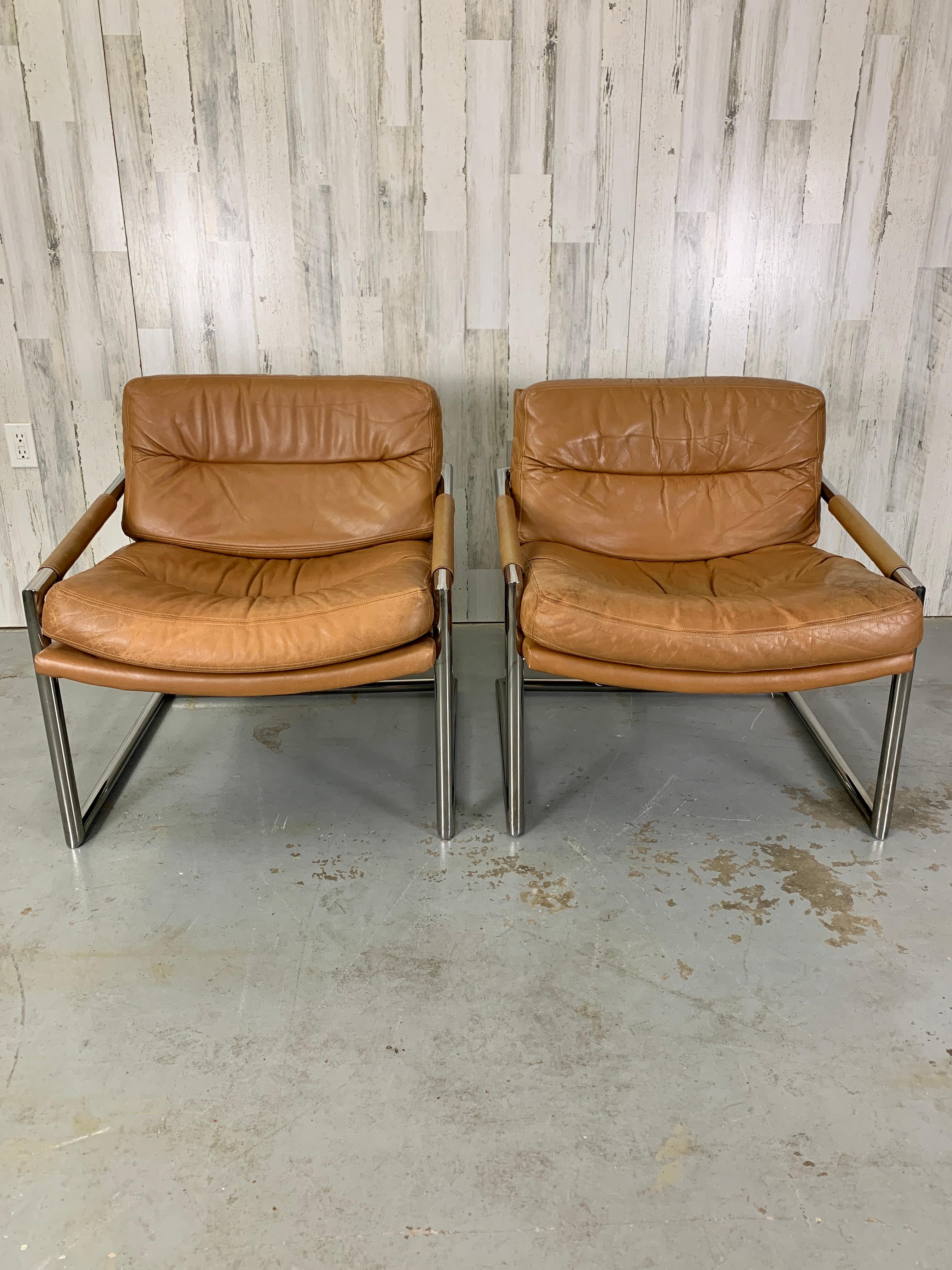 North American Milo Baughman Style Chrome & Leather Lounge Chairs
