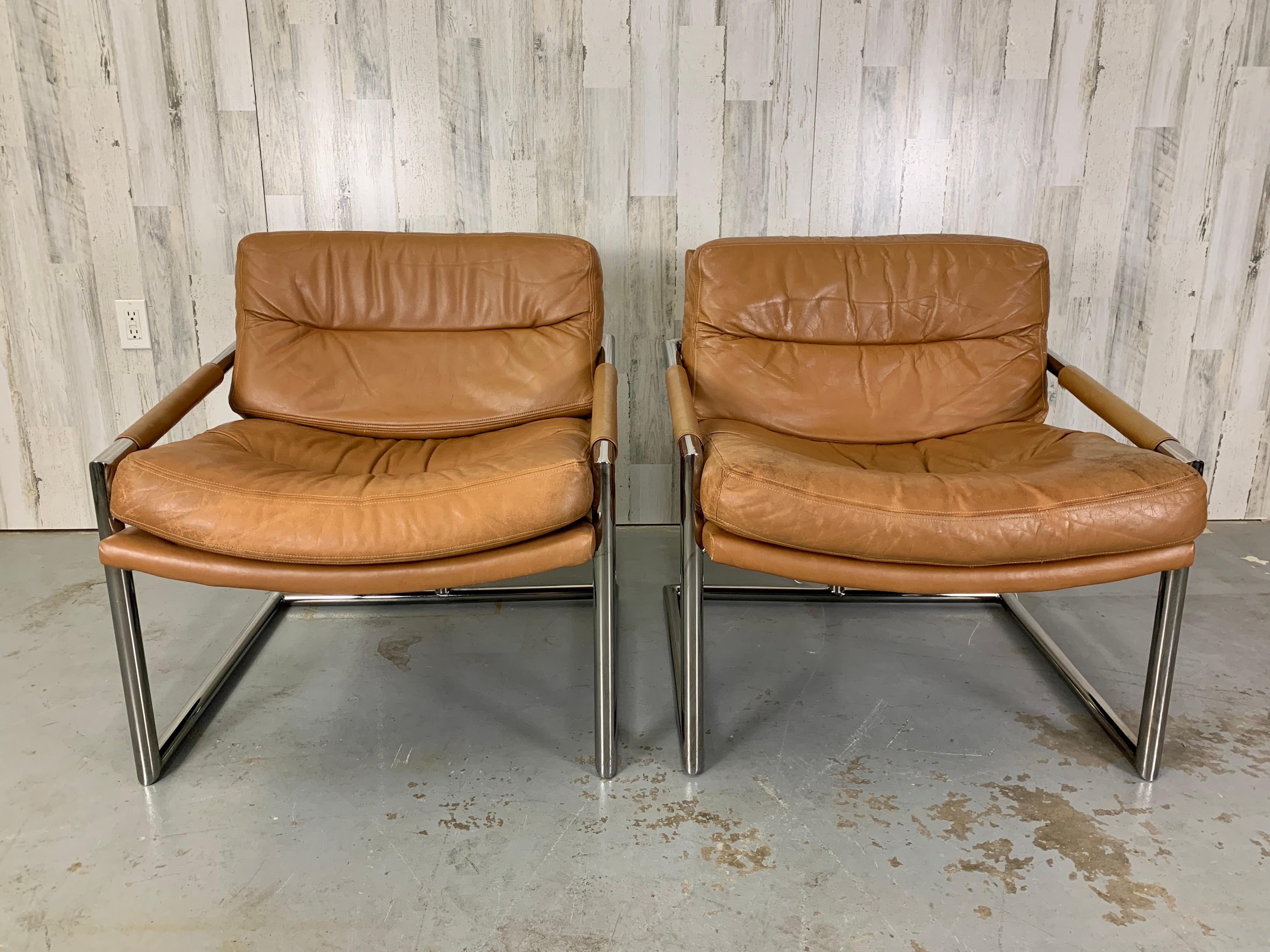 Milo Baughman Style Chrome & Leather Lounge Chairs In Good Condition In Denton, TX