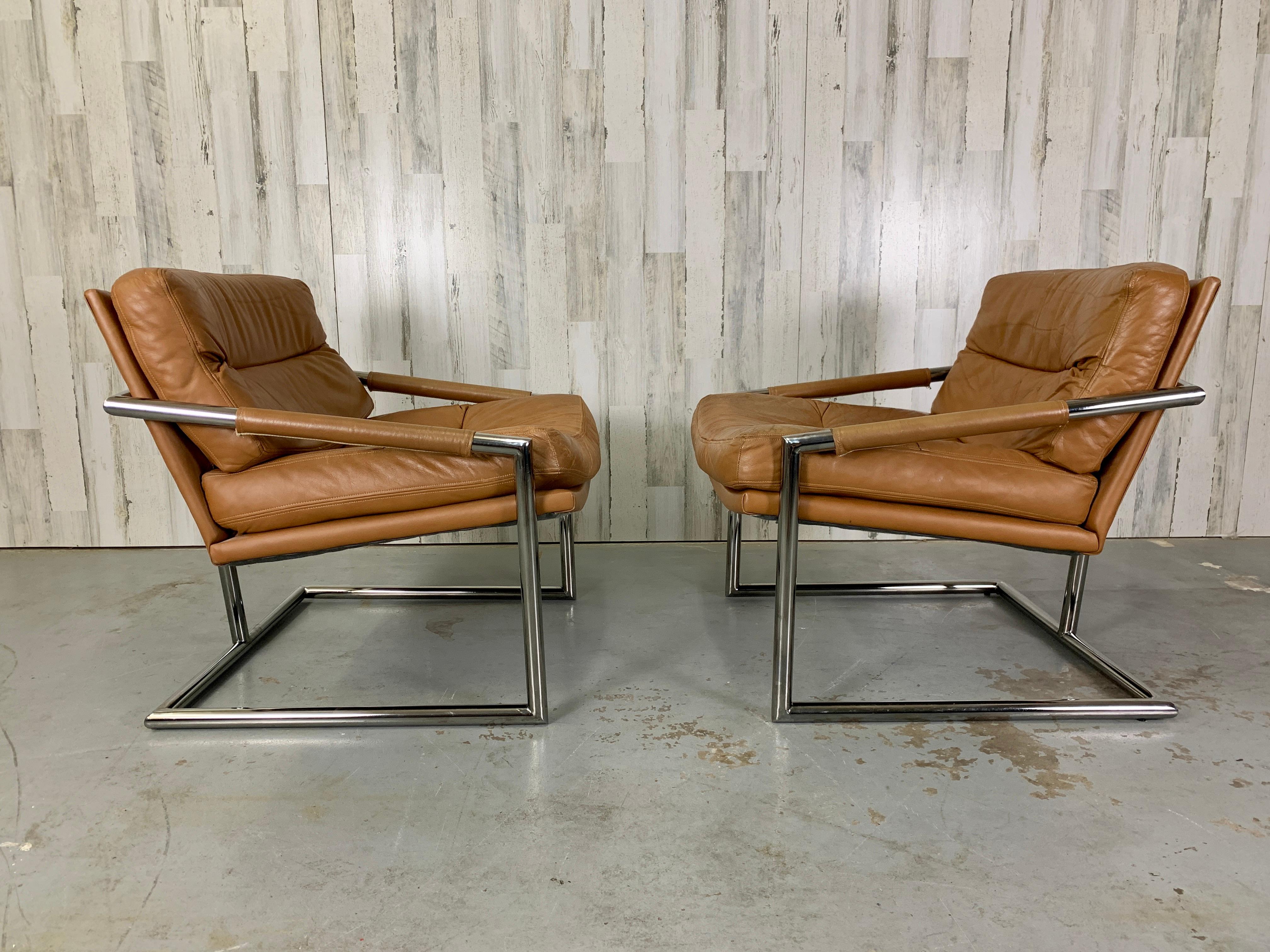 20th Century Milo Baughman Style Chrome & Leather Lounge Chairs