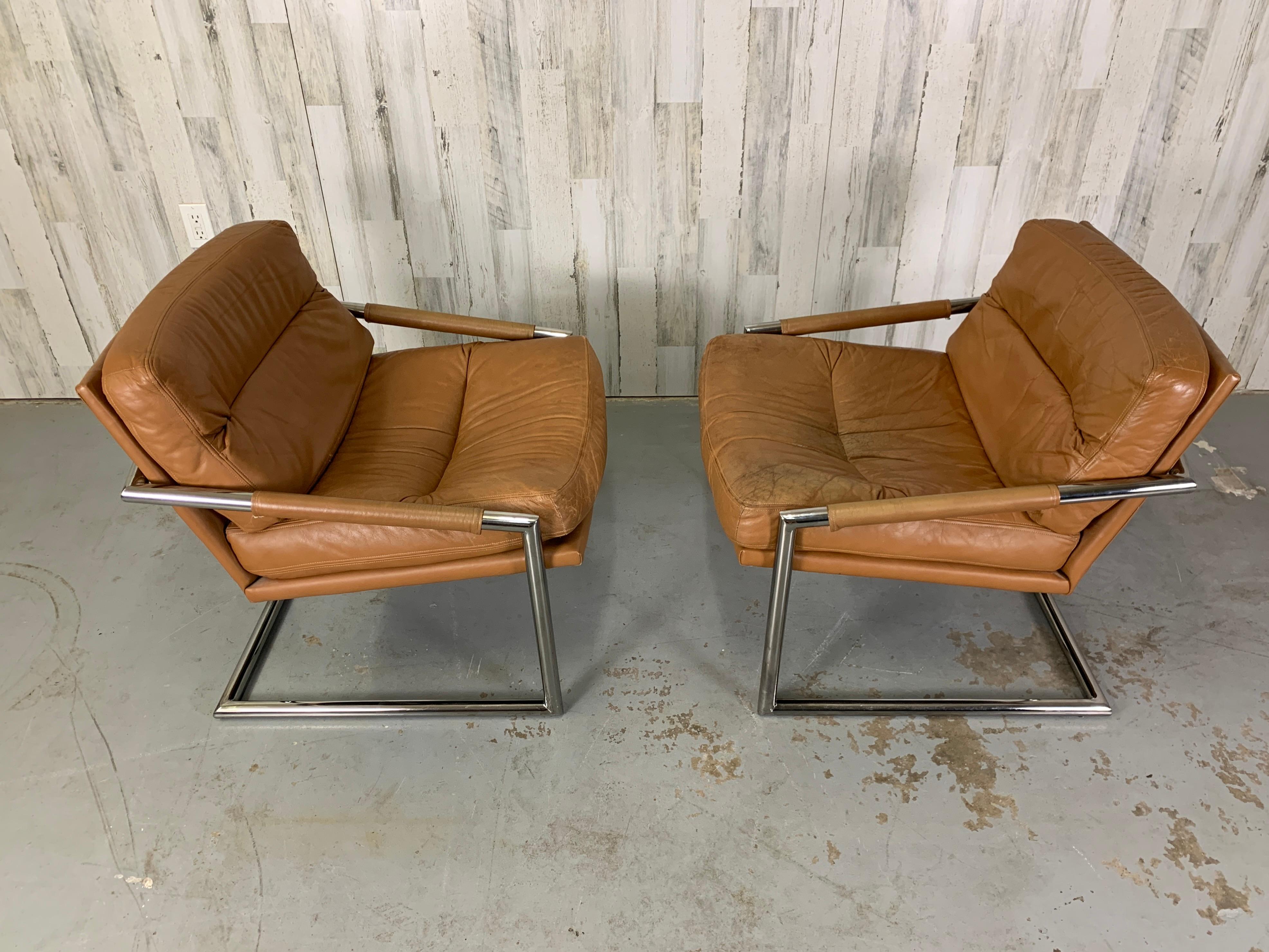 Metal Milo Baughman Style Chrome & Leather Lounge Chairs