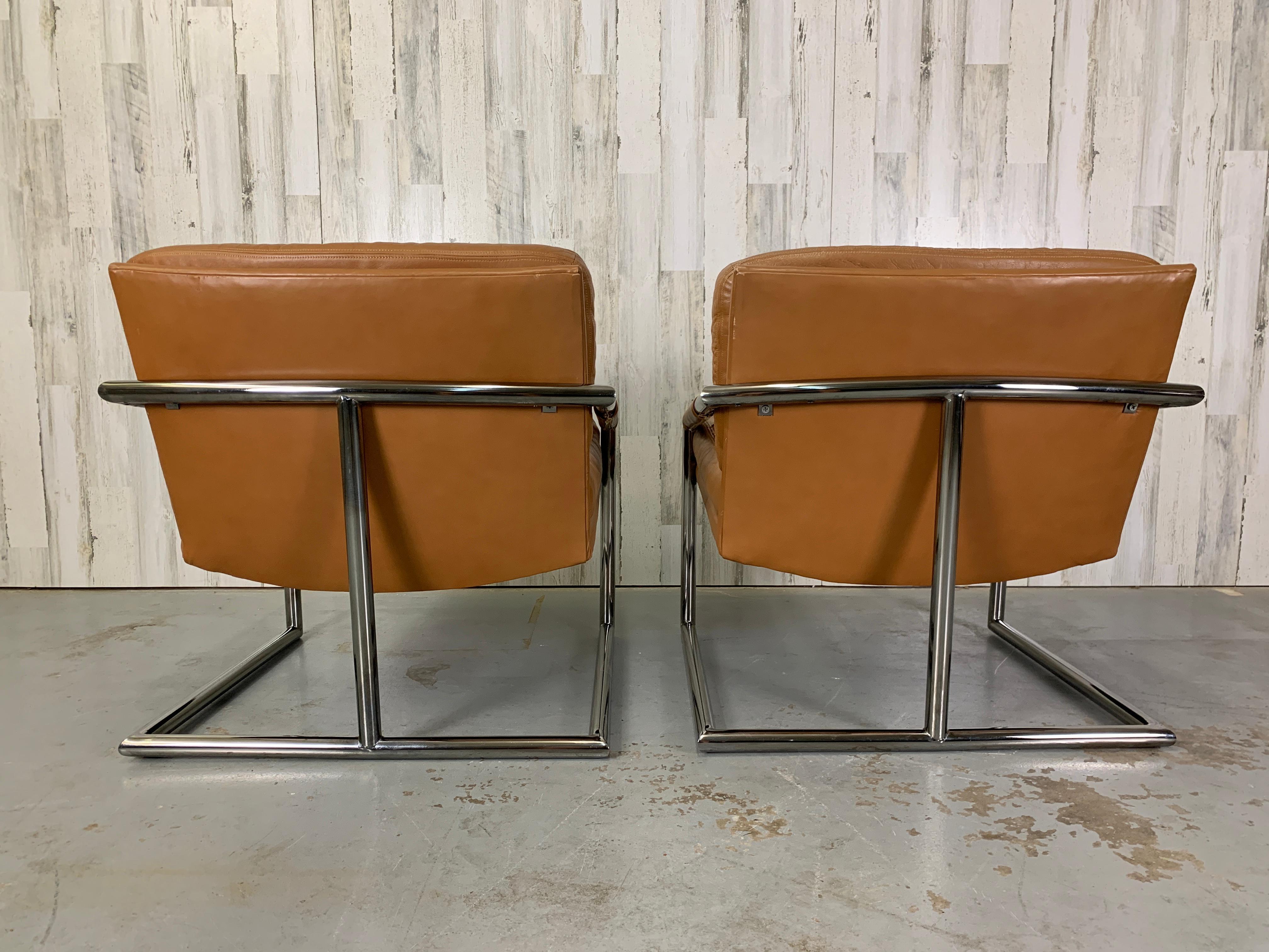 Milo Baughman Style Chrome & Leather Lounge Chairs 1