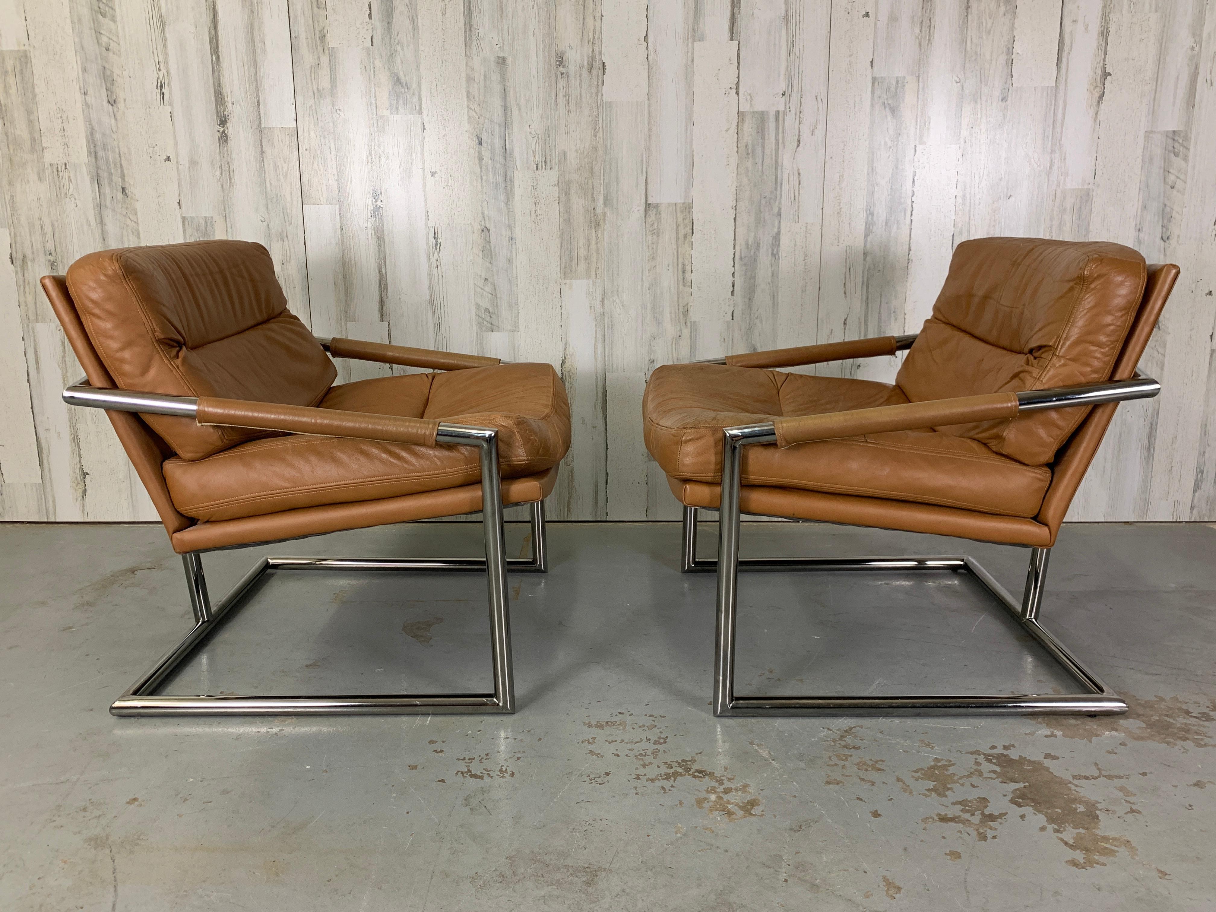 Milo Baughman Style Chrome & Leather Lounge Chairs 2