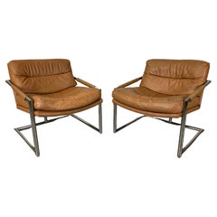 Milo Baughman Style Chrome & Leather Lounge Chairs
