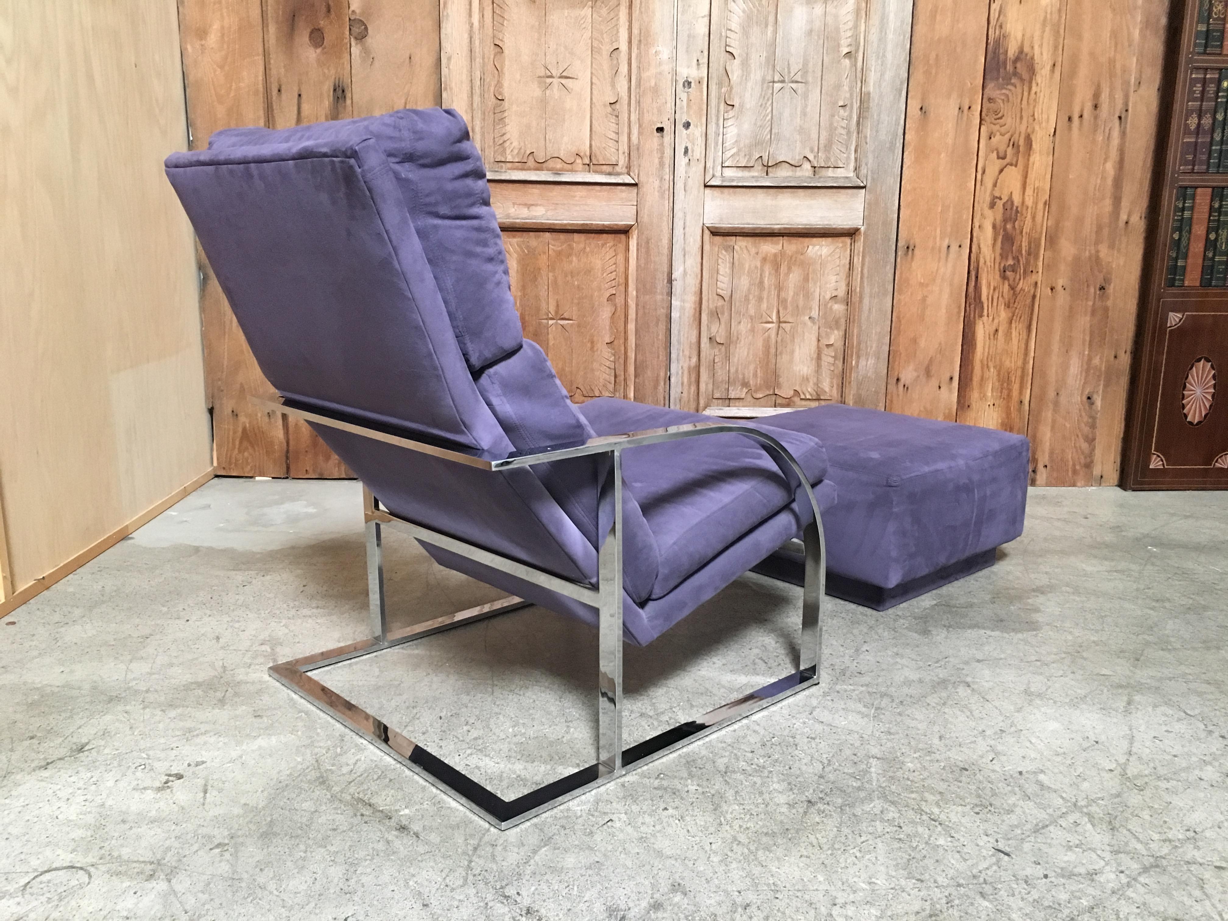 Mid-Century Modern Milo Baughman Style Chrome Lounge Chair and Ottoman