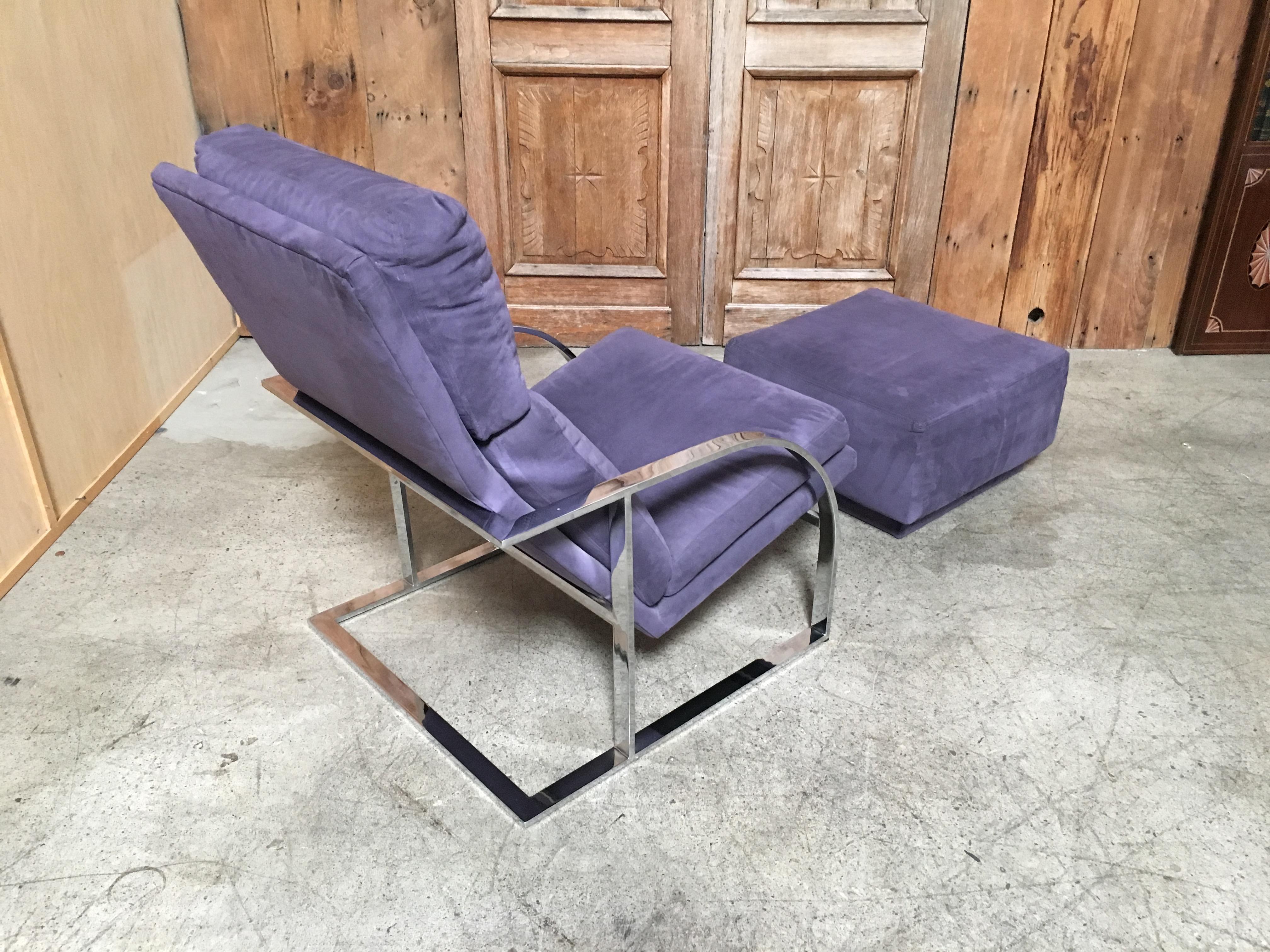 Milo Baughman Style Chrome Lounge Chair and Ottoman In Good Condition In Denton, TX
