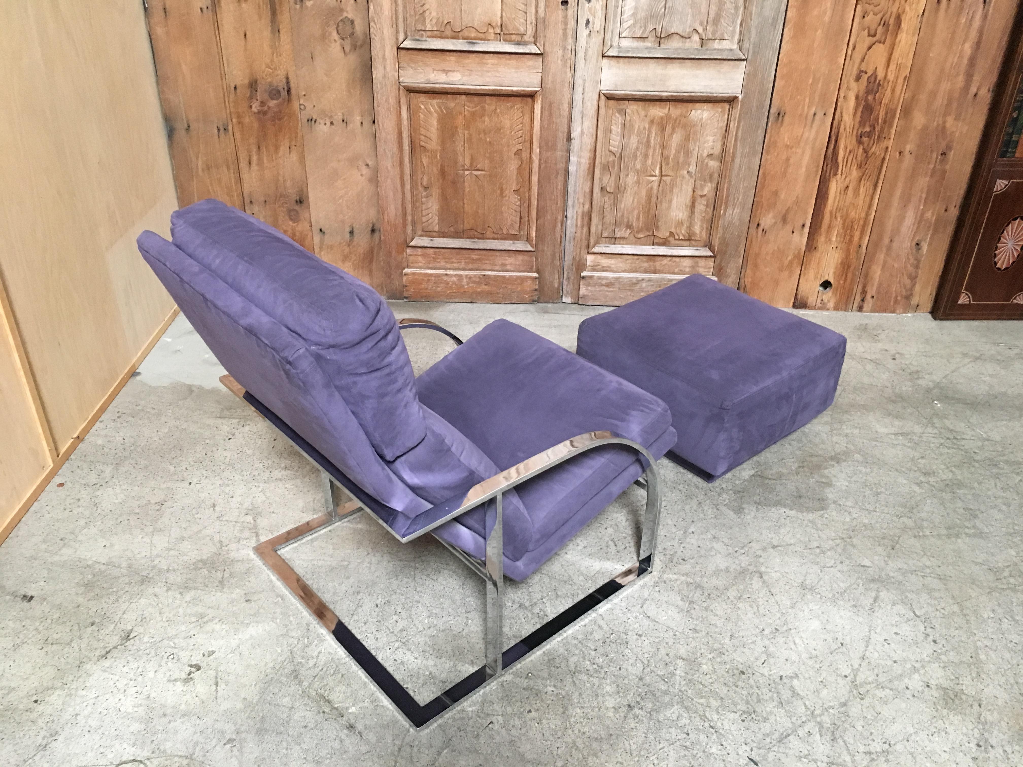 20th Century Milo Baughman Style Chrome Lounge Chair and Ottoman
