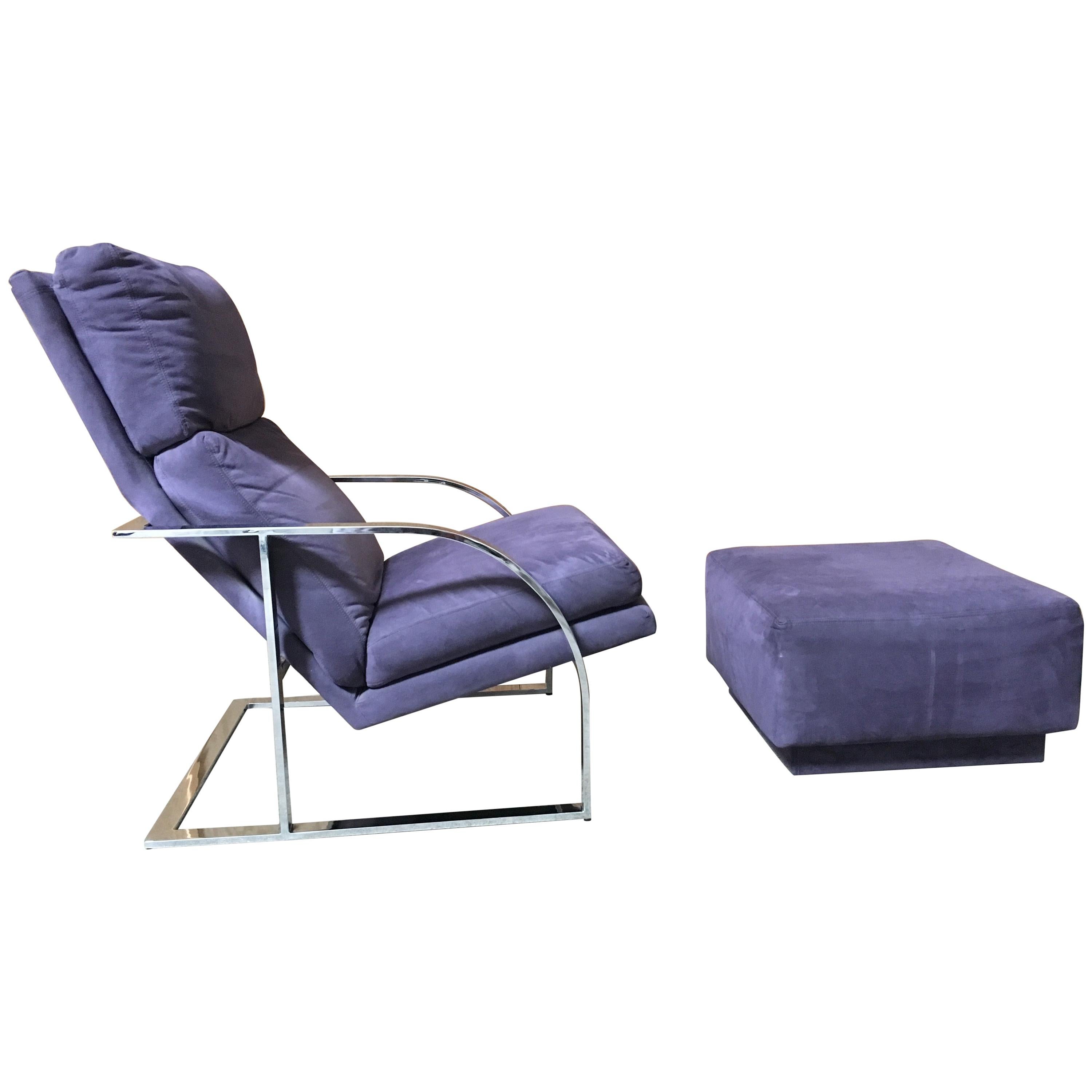 Milo Baughman Style Chrome Lounge Chair and Ottoman