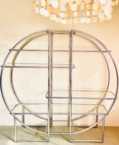 Milo Baughman Style Circular Chromed Metal and Glass Vitrine and Room Divider